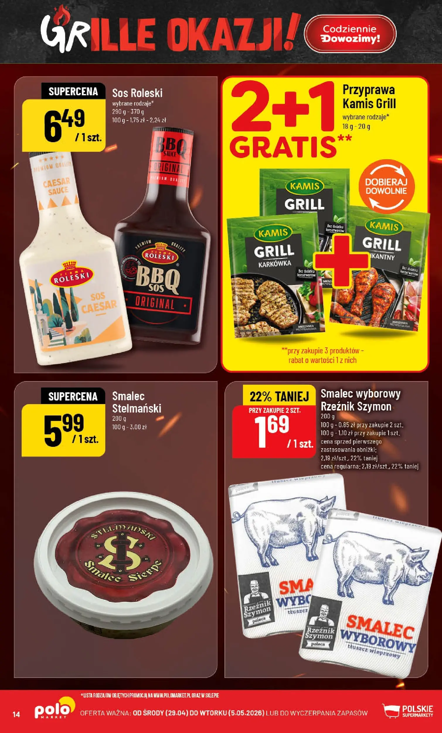 Nowa POLOmarket gazetka od jutra 29.04.2026 | Strona: 14 | Produkty: Karkówka, Smalec wyborowy, Grill, Sos