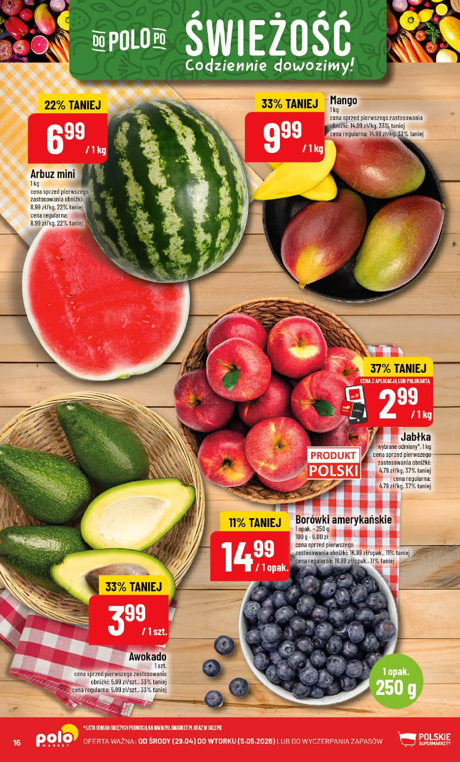 Nowa POLOmarket gazetka od jutra 29.04.2026 | Strona: 16 | Produkty: Mango, Arbuz, Jabłka, Awokado