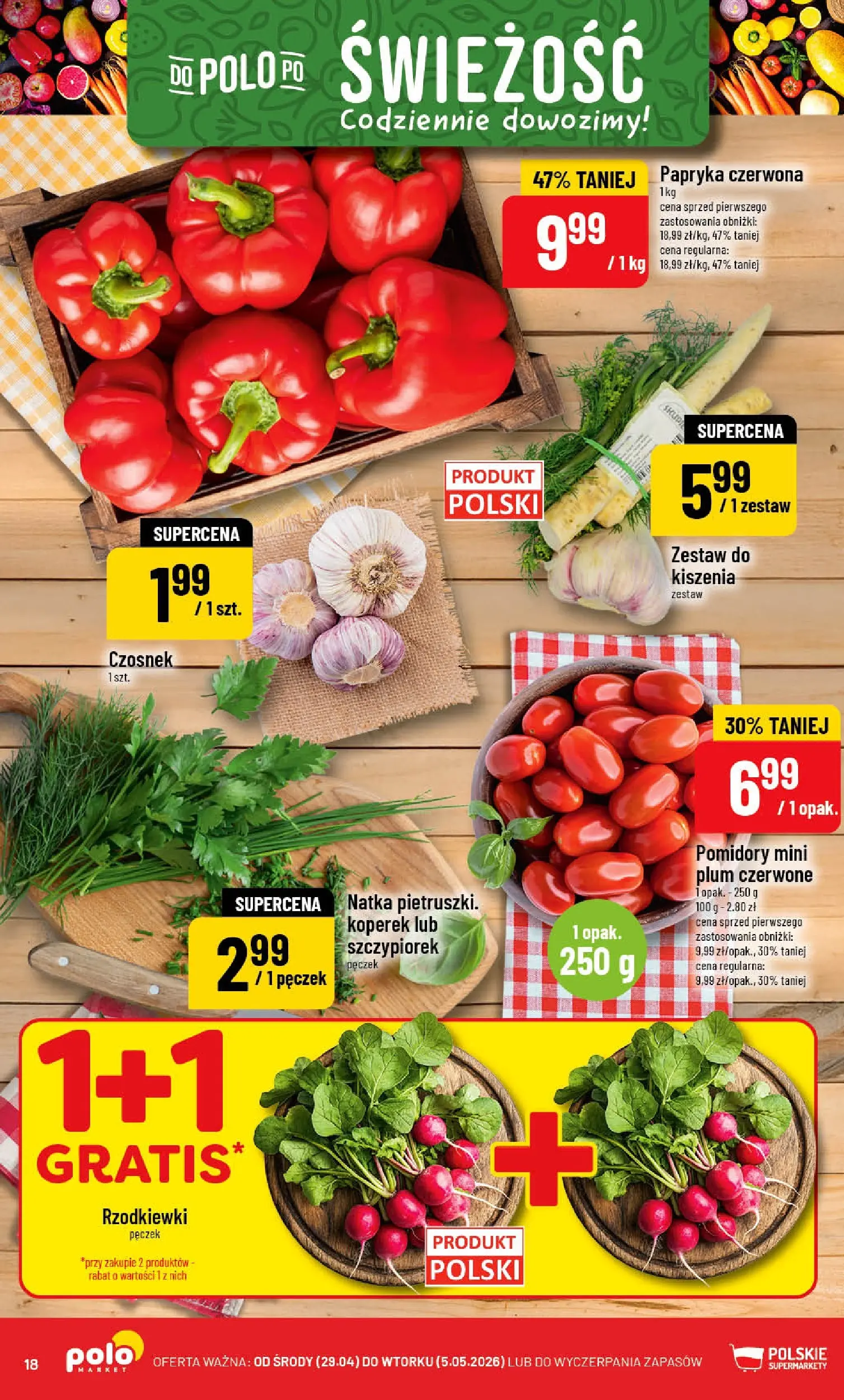 Nowa POLOmarket gazetka od jutra 29.04.2026 | Strona: 18 | Produkty: Czosnek, Koperek, Papryka, Papryka czerwona