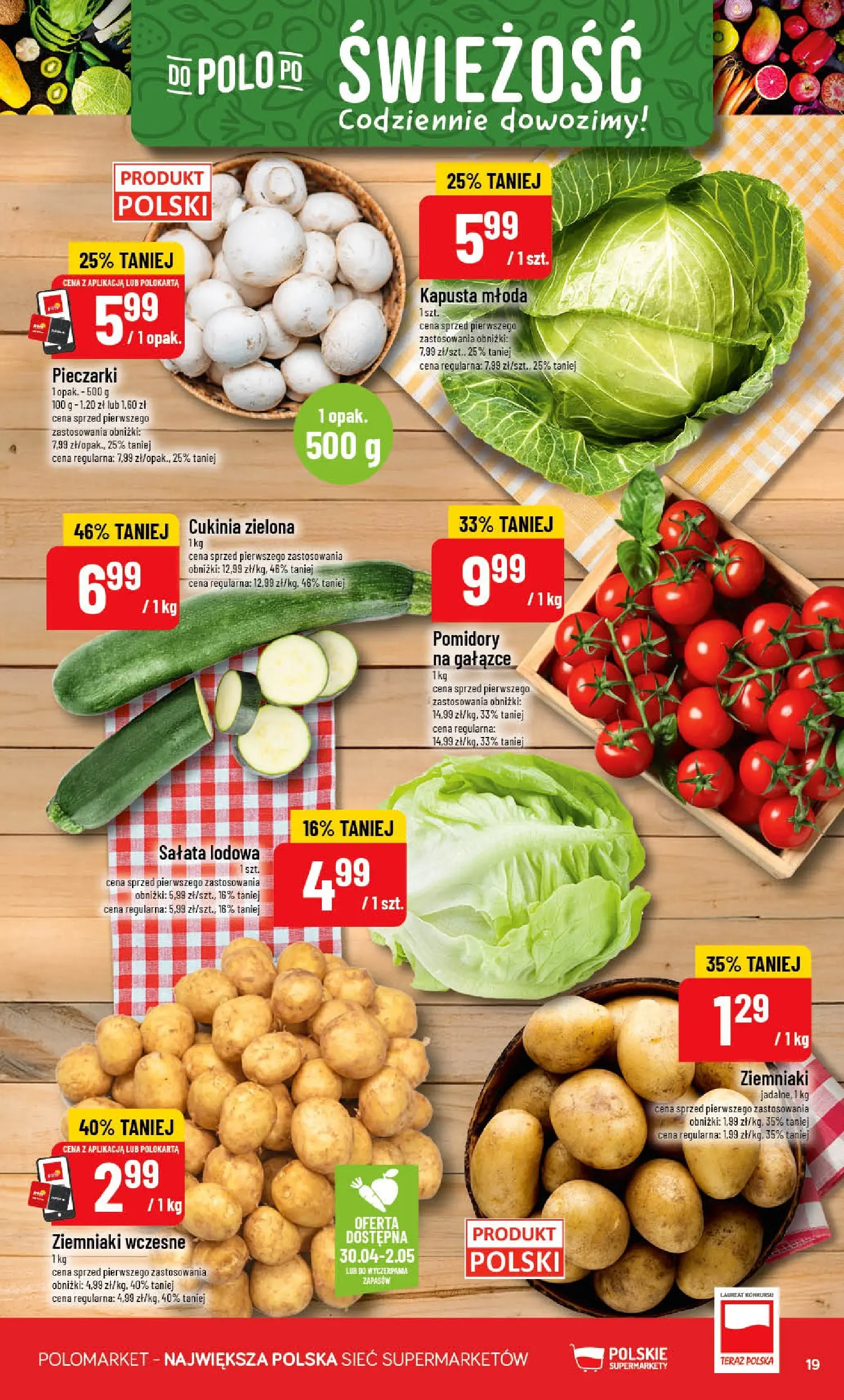 Nowa POLOmarket gazetka od jutra 29.04.2026 | Strona: 19 | Produkty: Pieczarki, Cukinia, Pomidory, Ziemniaki