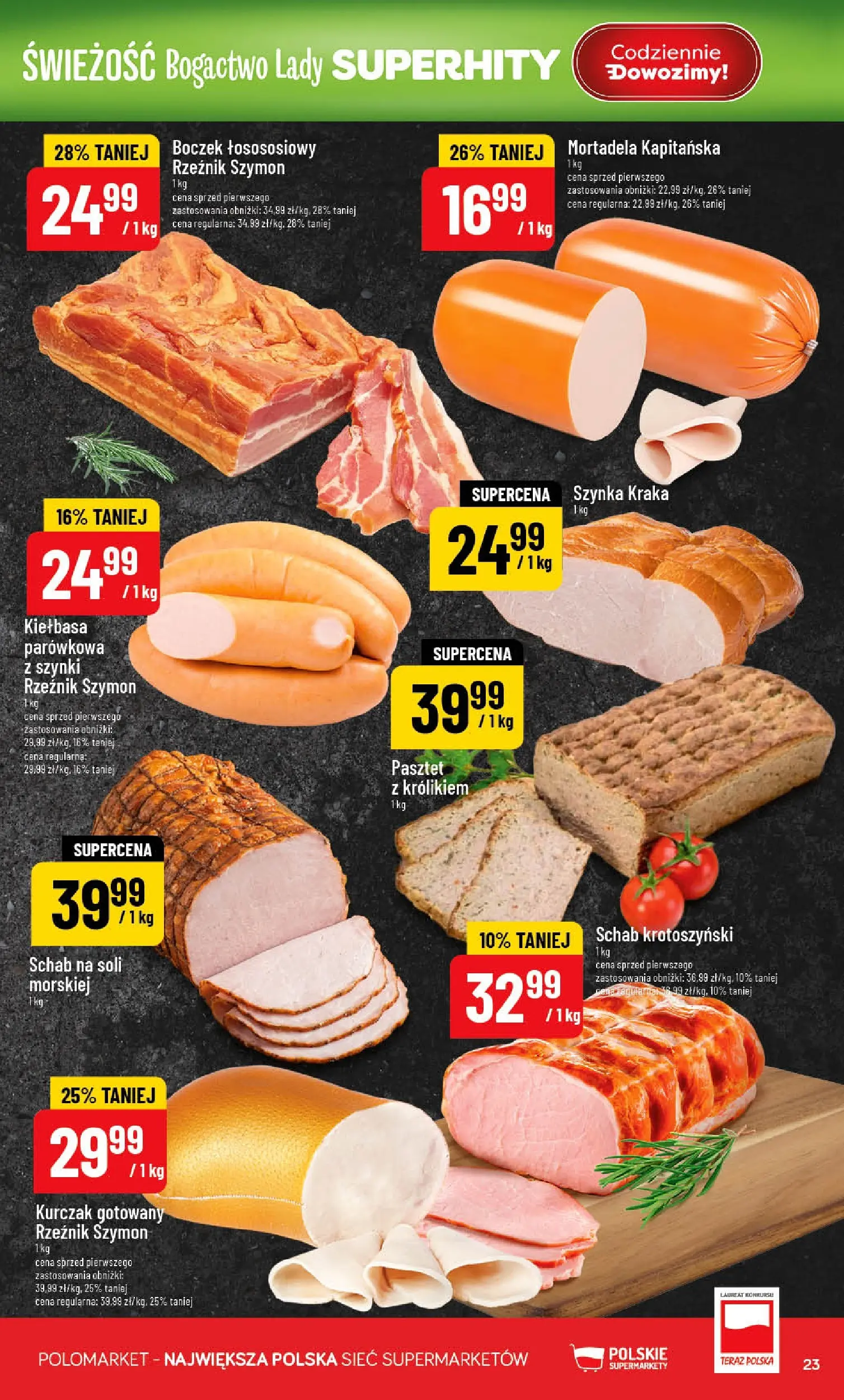 Nowa POLOmarket gazetka od jutra 29.04.2026 | Strona: 23 | Produkty: Kiełbasa, Mortadela, Schab, Boczek