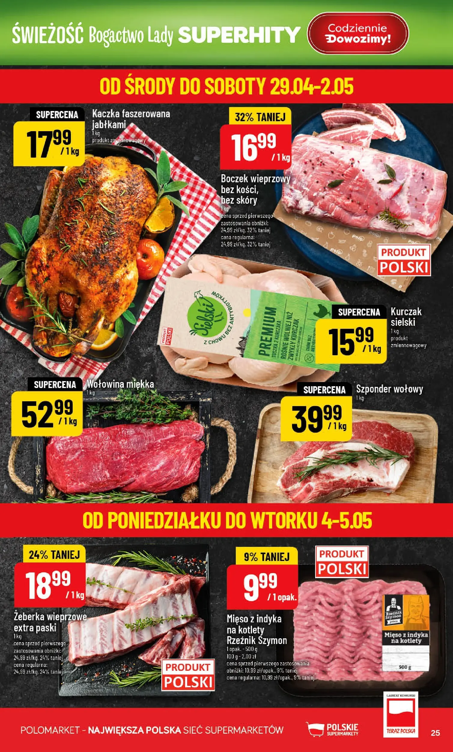 Nowa POLOmarket gazetka od jutra 29.04.2026 | Strona: 25 | Produkty: Kaczka, Boczek, Wołowina, Kotlety