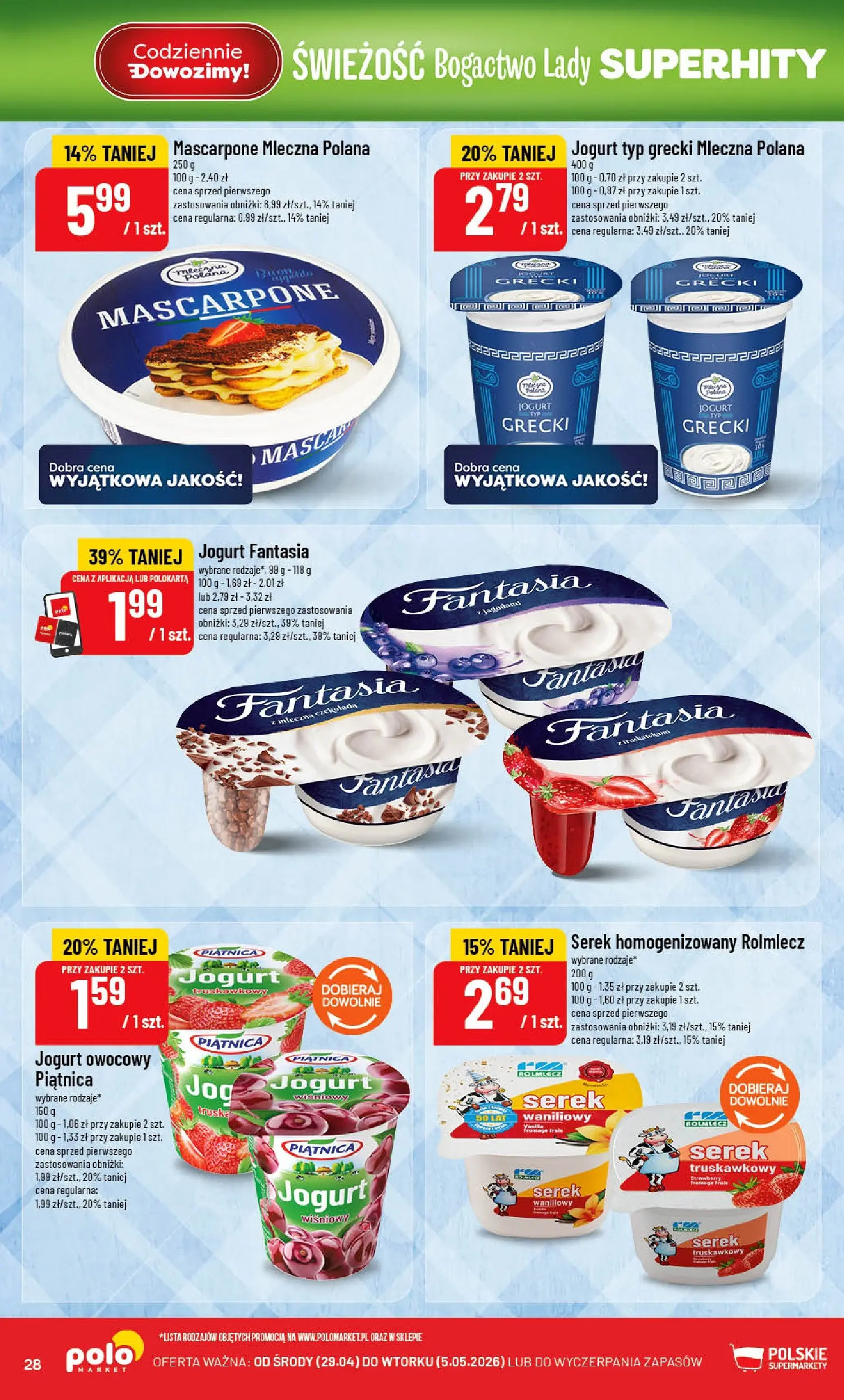 Nowa POLOmarket gazetka od jutra 29.04.2026 | Strona: 28 | Produkty: Jogurt grecki, Serek homogenizowany, Mascarpone, Czekolada