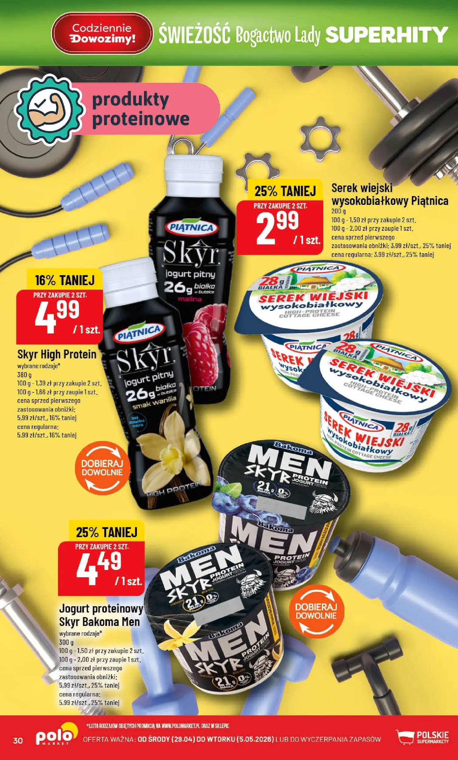 Nowa POLOmarket gazetka od jutra 29.04.2026 | Strona: 30 | Produkty: Serek, Serek wiejski, Skyr piątnica, Skyr