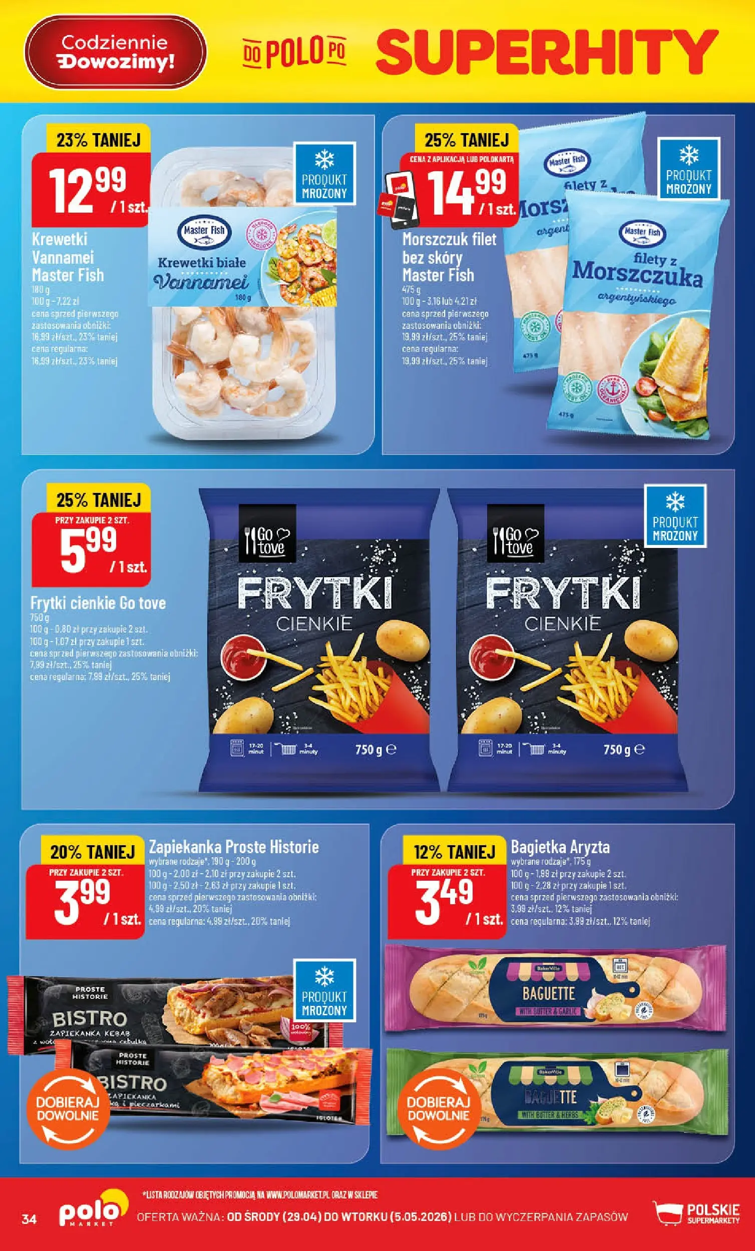 Nowa POLOmarket gazetka od jutra 29.04.2026 | Strona: 34 | Produkty: Kebab, Zapiekanka, Krewetki białe, Frytki