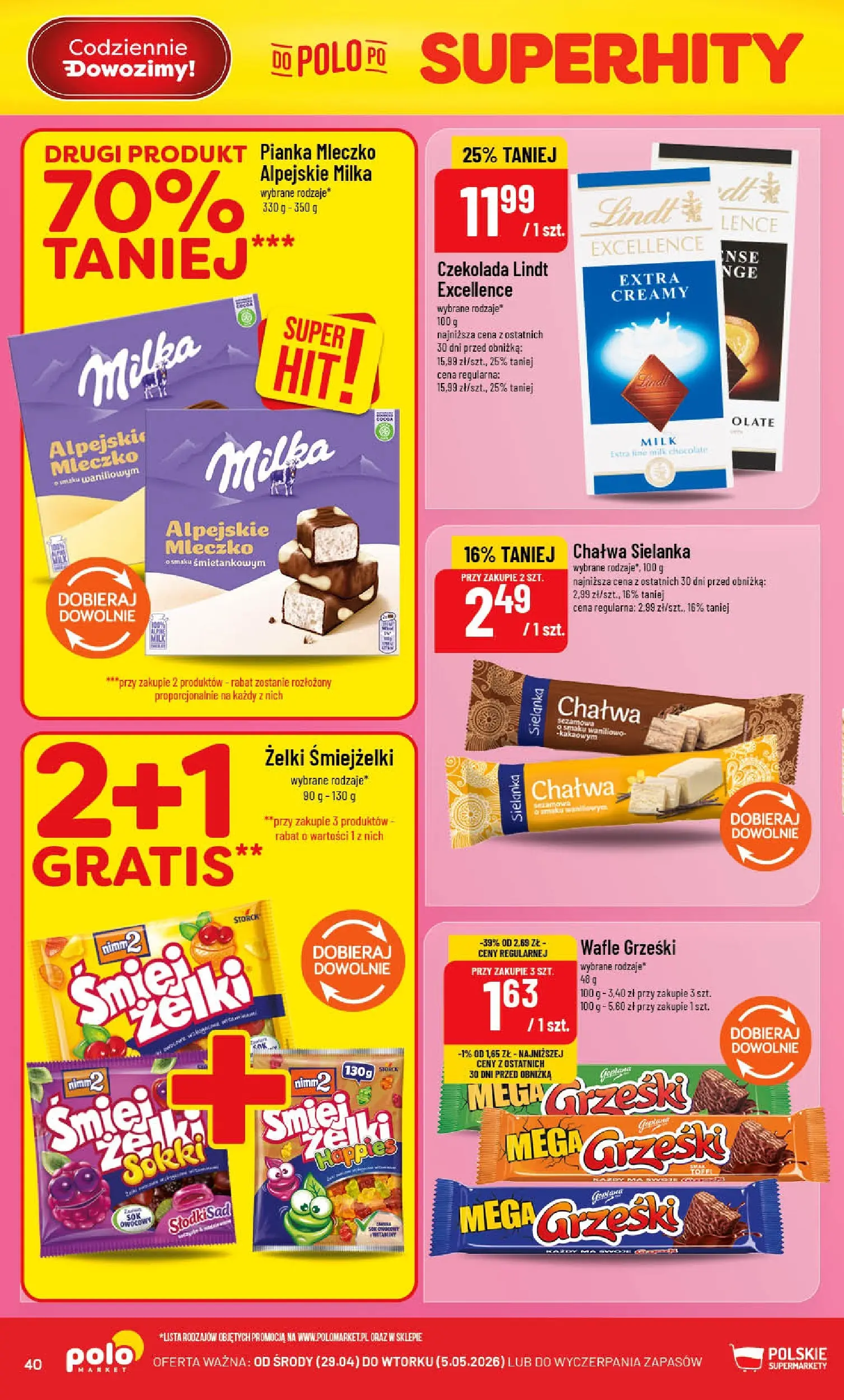 Nowa POLOmarket gazetka od jutra 29.04.2026 | Strona: 40 | Produkty: Czekolada lindt, Milka, Żelki, Czekolada