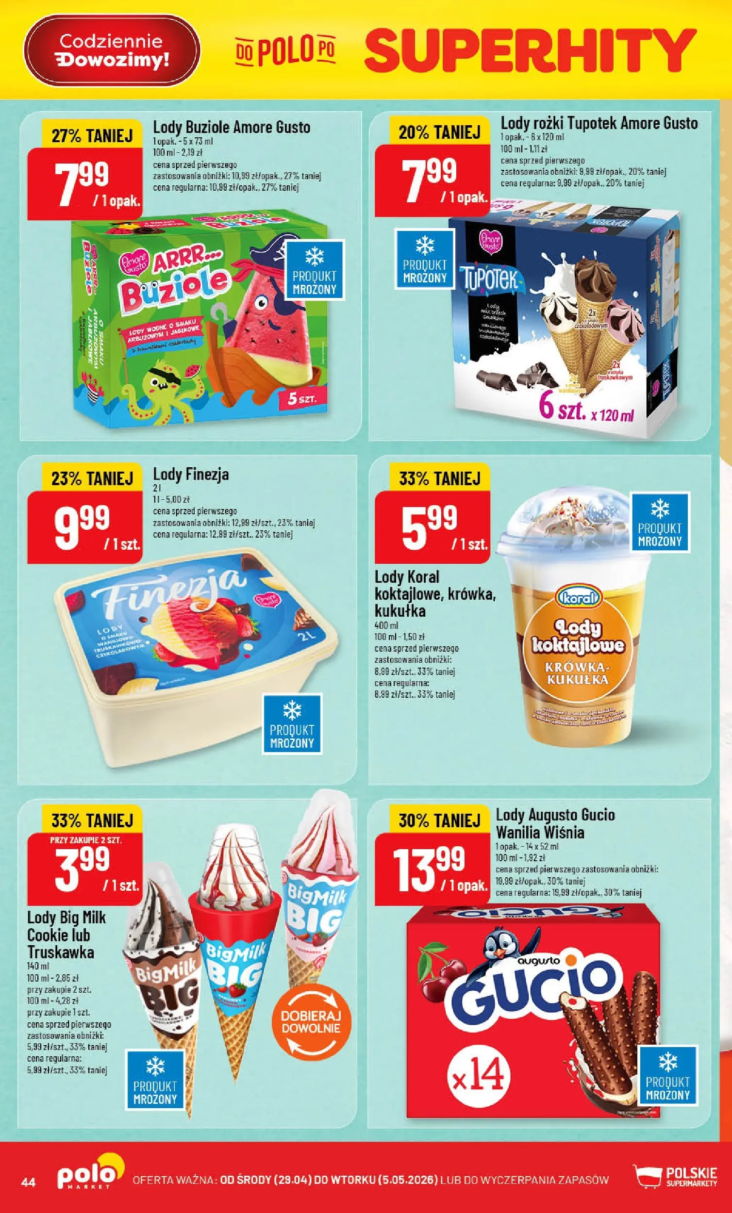 Nowa POLOmarket gazetka od jutra 29.04.2026 | Strona: 44 | Produkty: Krowka, Big Milk, Lody rożki, Lody koral