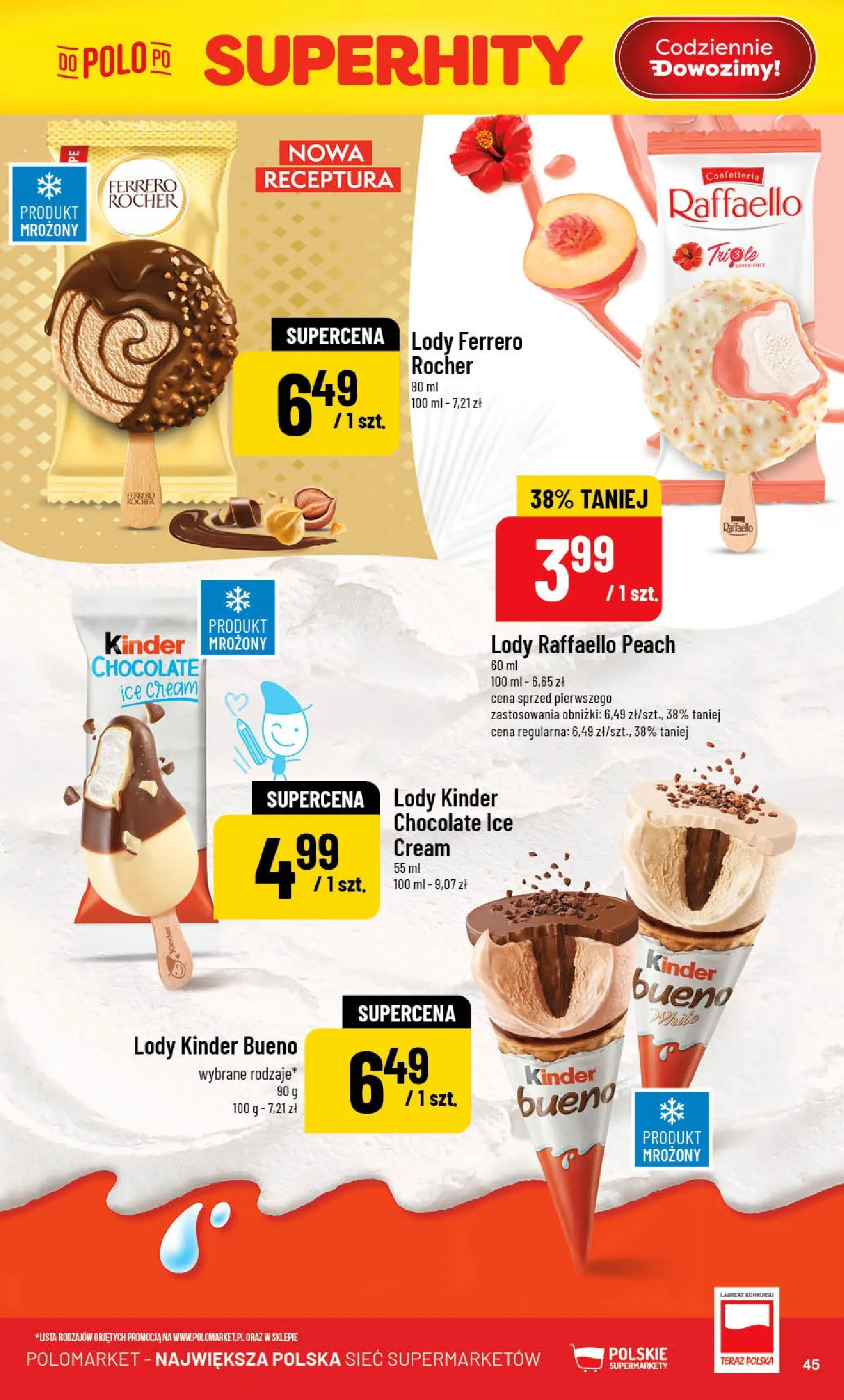 Nowa POLOmarket gazetka od jutra 29.04.2026 | Strona: 45 | Produkty: Kinder Bueno, Lody, Ferrero rocher