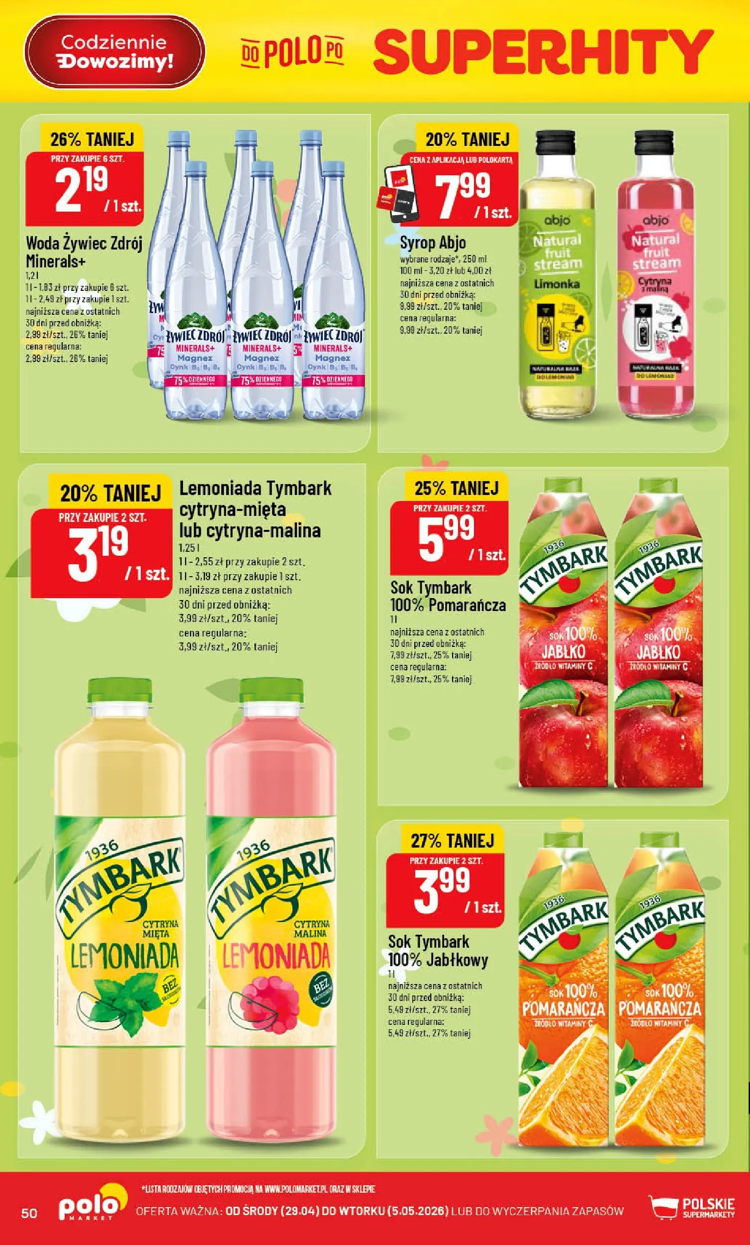 Nowa POLOmarket gazetka od jutra 29.04.2026 | Strona: 50 | Produkty: Syrop, Limonka, Woda żywiec, Malina