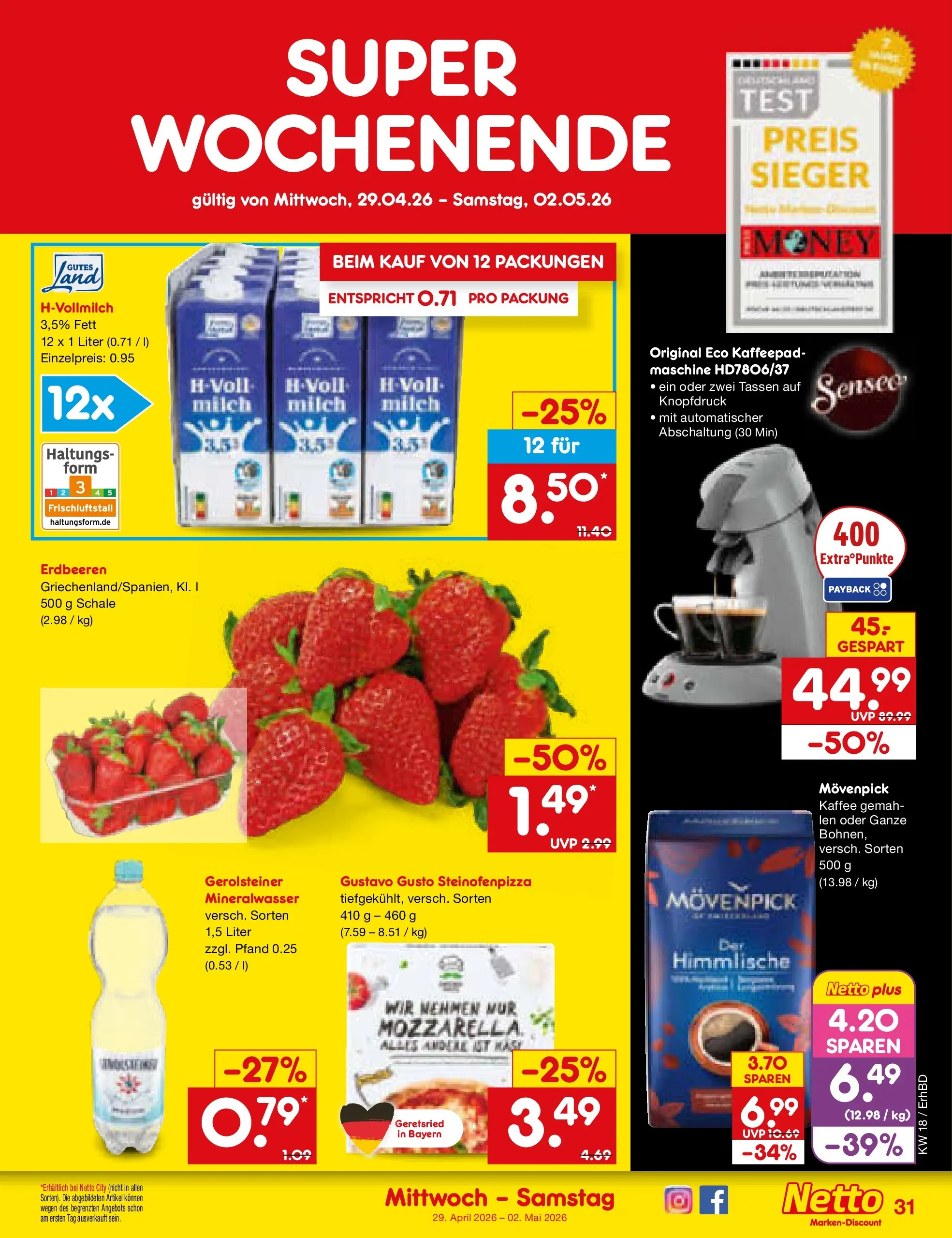 Netto Marken-Discount Prospekt Velden	 (ab 29.04.2026) » Angebote | Seite: 2 | Produkte: Milch, Kaffee, Erdbeeren, Gerolsteiner