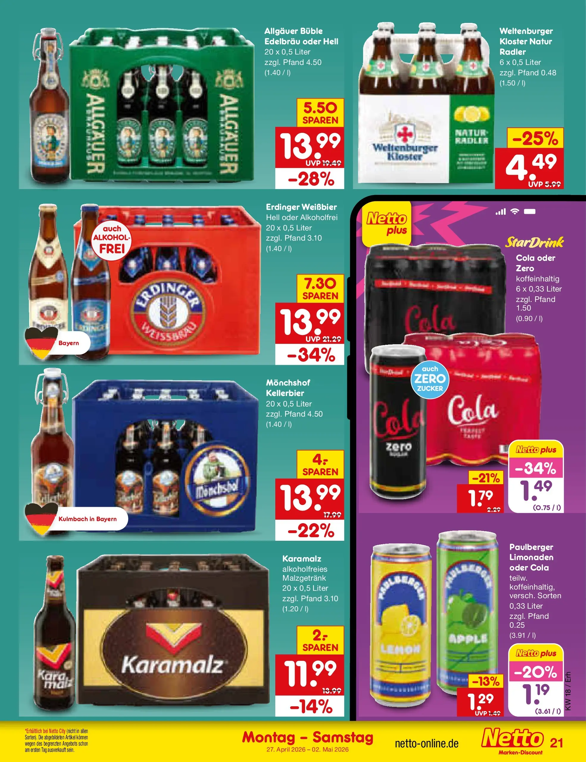 Netto Marken-Discount Prospekt Velden	 (ab 29.04.2026) » Angebote | Seite: 38 | Produkte: Monchshof, Cola, Weißbier, Zucker