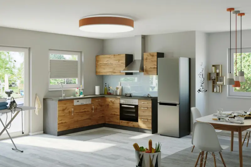 Eckk&uuml;che Winkelblock mit Ger&auml;ten ca. 210x210 cm Eiche