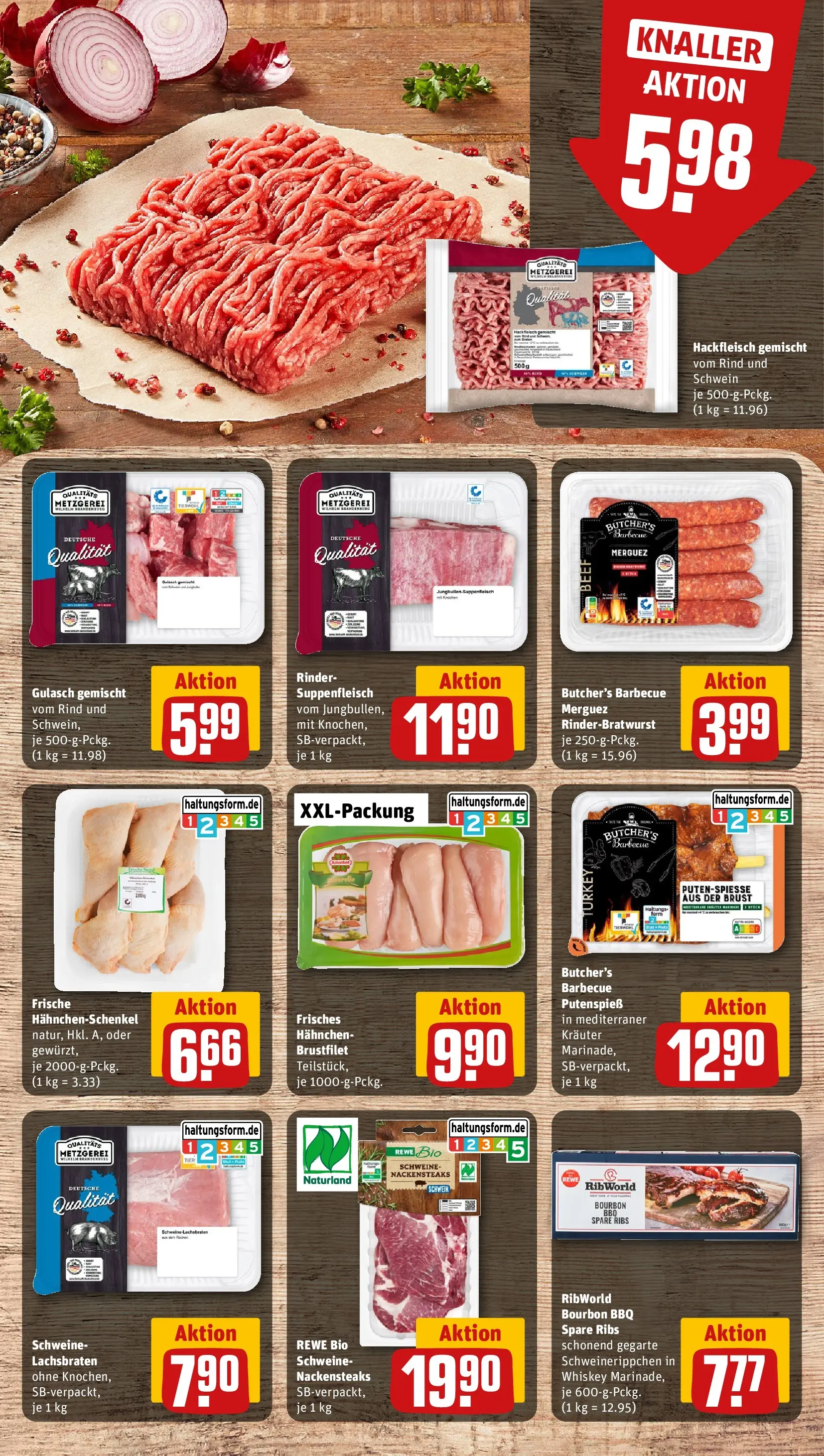 REWE Prospekt ab 04.05.2026 zum Blättern » Angebote | Seite: 12 | Produkte: Nackensteaks, Hahnchenschenkel, Suppenfleisch, Bourbon