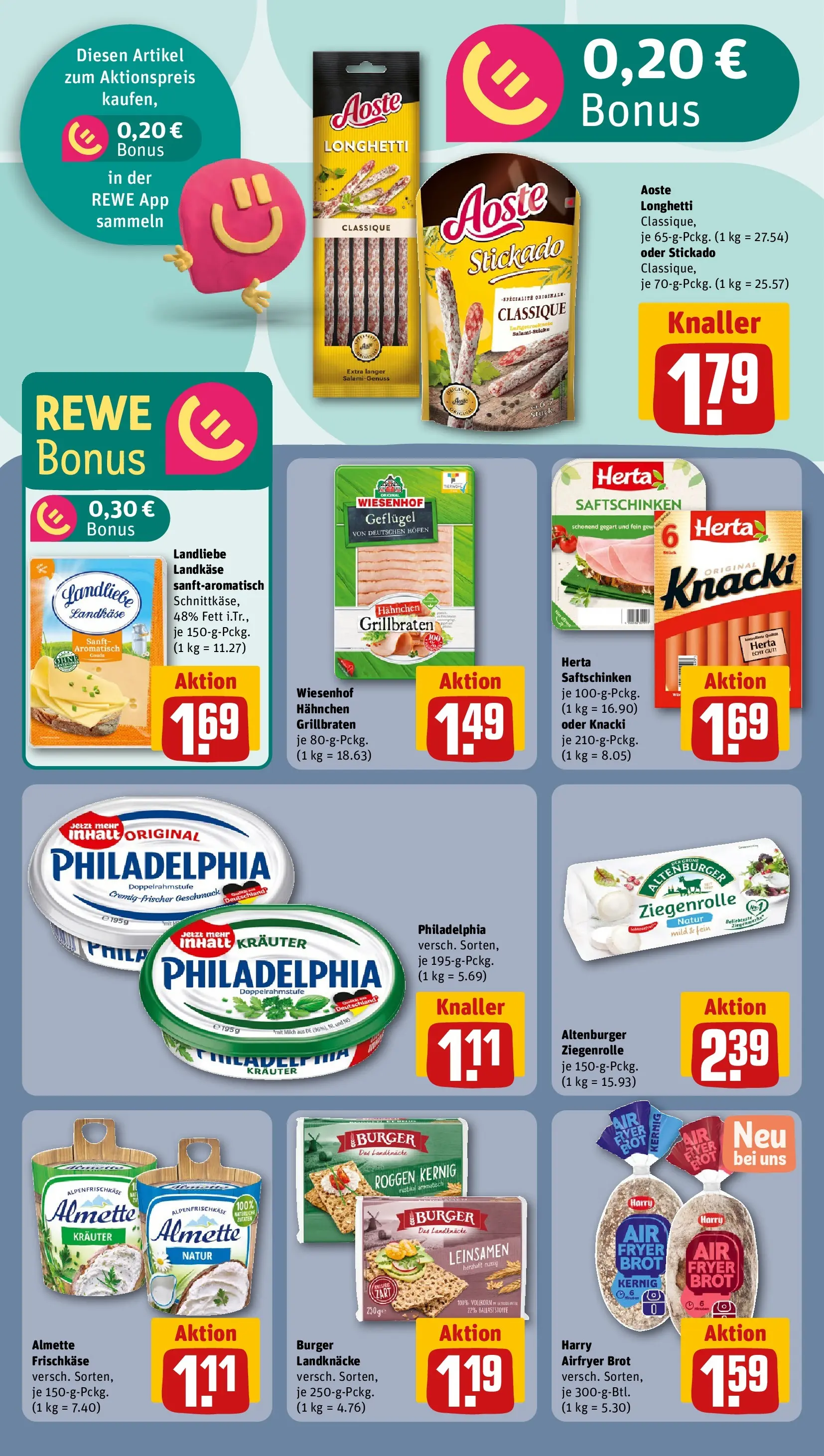 REWE Prospekt ab 04.05.2026 zum Blättern » Angebote | Seite: 14 | Produkte: Hahnchen, Philadelphia, Burger, Brot