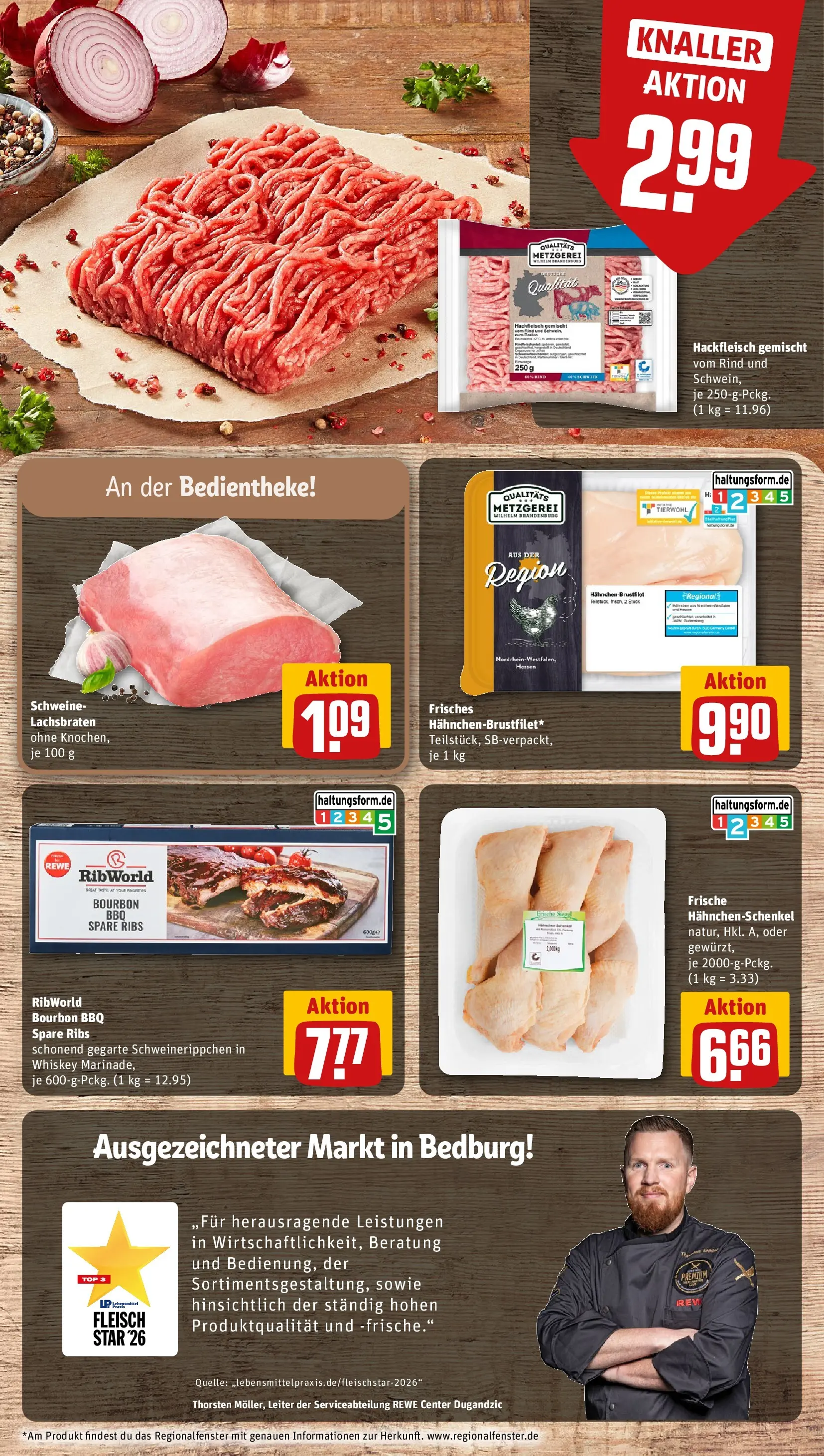 REWE Prospekt ab 04.05.2026 zum Blättern » Angebote | Seite: 12 | Produkte: Hahnchenschenkel, Spare ribs, Whiskey, Hackfleisch