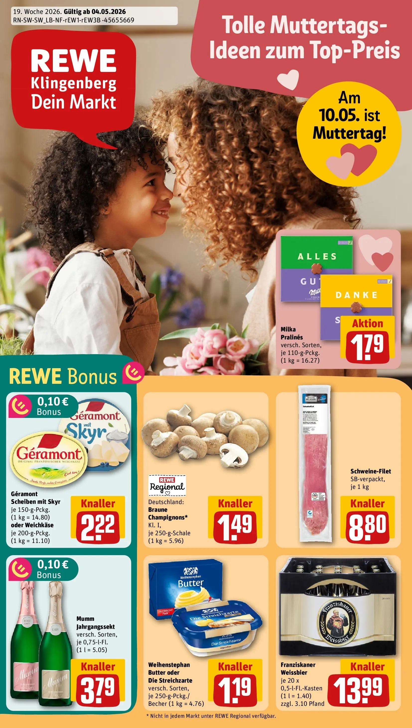 REWE Prospekt ab 04.05.2026 zum Blättern » Angebote | Seite: 1 | Produkte: Franziskaner, Weißbier, Milka, Schweinefilet