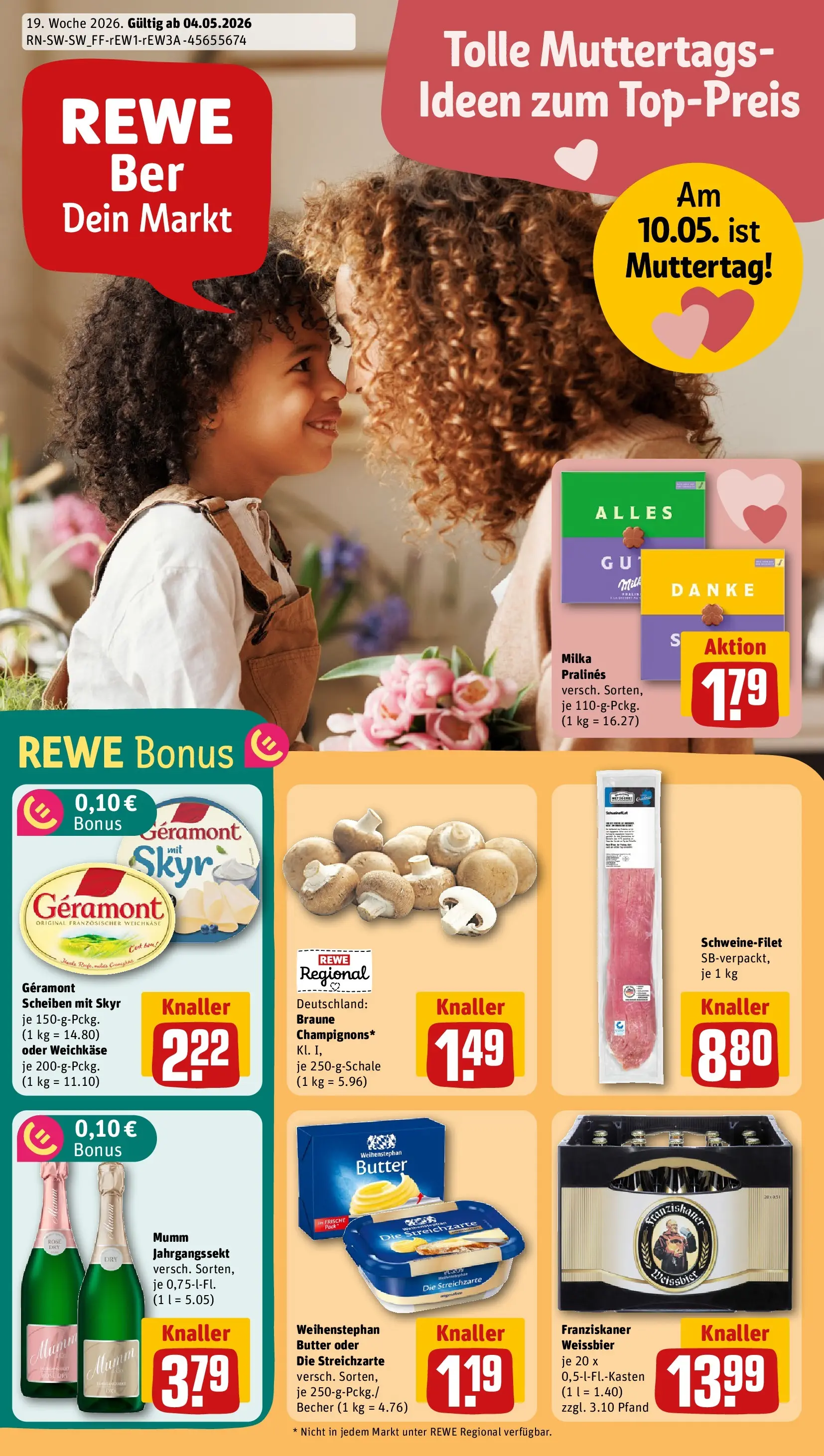 REWE Prospekt ab 04.05.2026 zum Blättern » Angebote | Seite: 1 | Produkte: Franziskaner, Milka, Weihenstephan butter, Schweinefilet