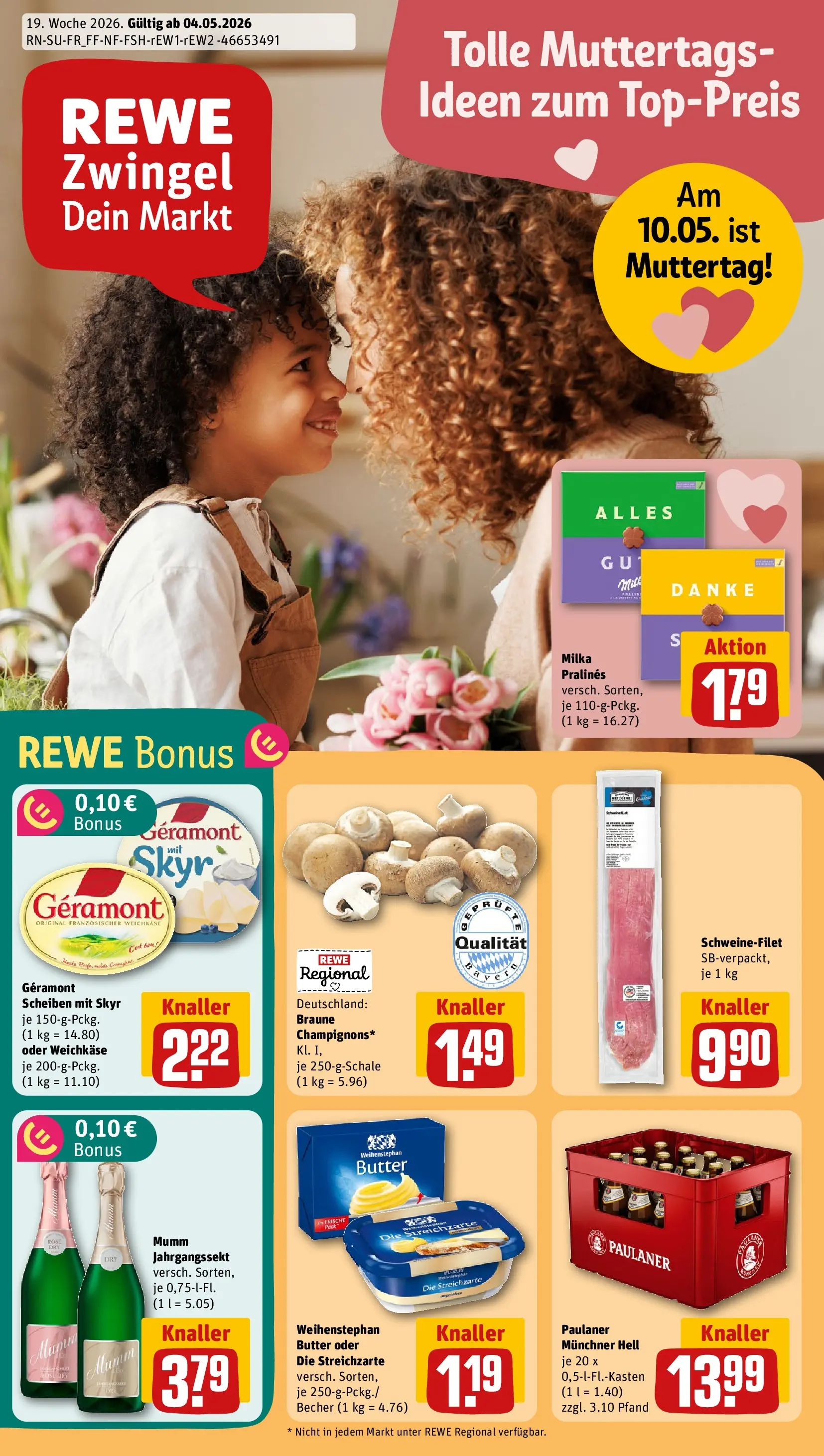 REWE Prospekt ab 04.05.2026 zum Blättern » Angebote | Seite: 1 | Produkte: Geramont, Milka, Weihenstephan butter, Schweinefilet