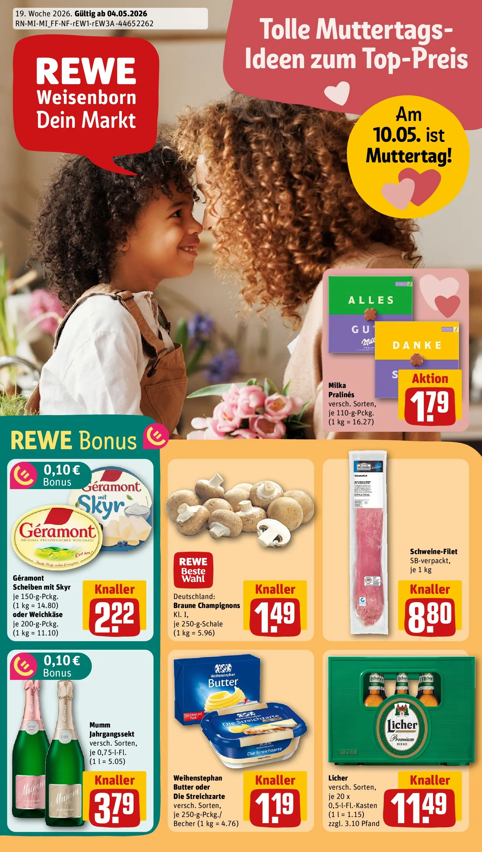 REWE Prospekt ab 04.05.2026 zum Blättern » Angebote | Seite: 1 | Produkte: Geramont, Milka, Weihenstephan butter, Champignons