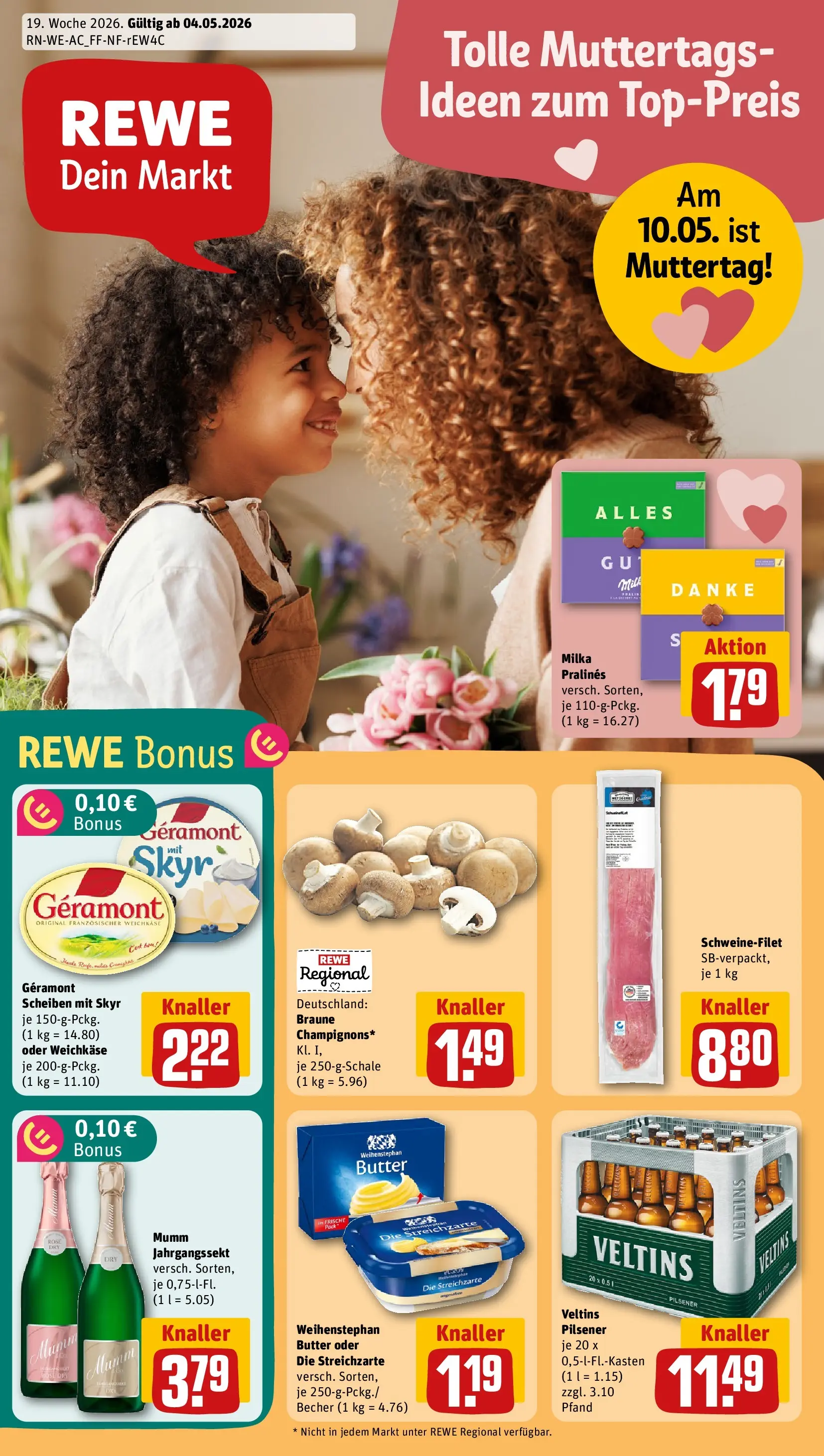 REWE Prospekt ab 04.05.2026 zum Blättern » Angebote | Seite: 1 | Produkte: Milka, Weihenstephan butter, Schweinefilet, Veltins