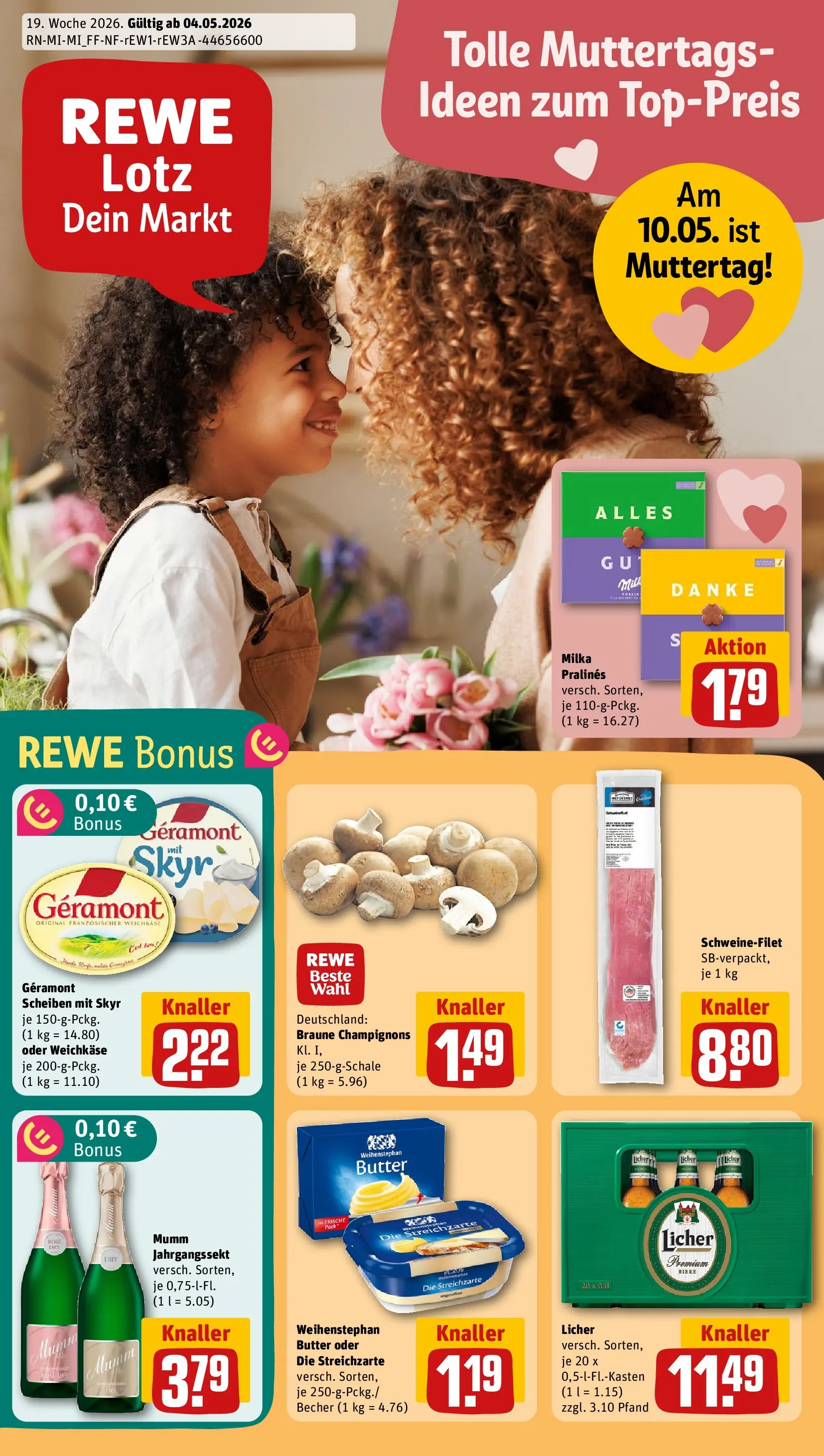 REWE Prospekt ab 04.05.2026 zum Blättern » Angebote | Seite: 1 | Produkte: Geramont, Skyr, Schweinefilet, Champignons
