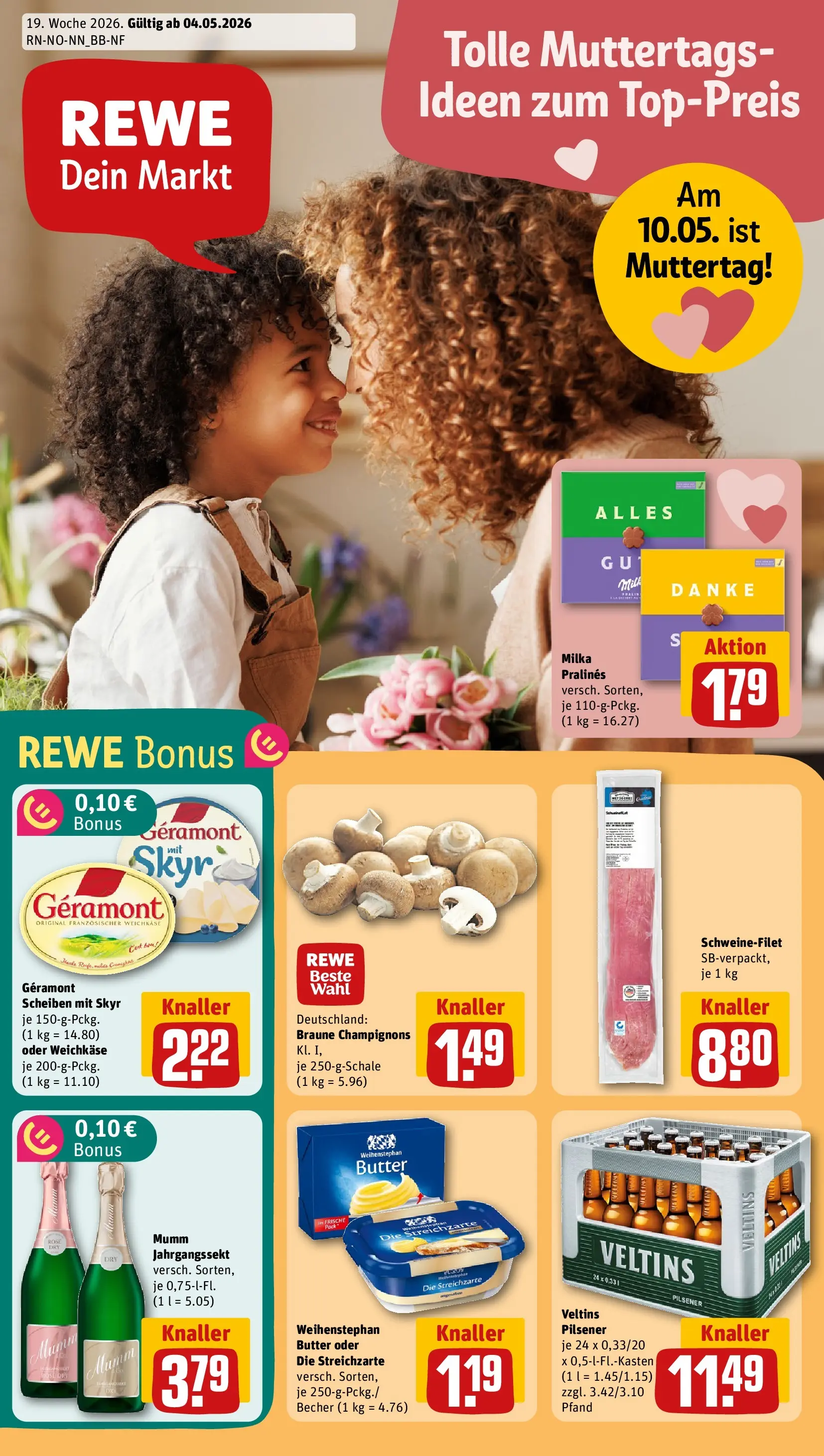 REWE Prospekt ab 04.05.2026 zum Blättern » Angebote | Seite: 1 | Produkte: Milka, Weihenstephan butter, Schweinefilet, Champignons