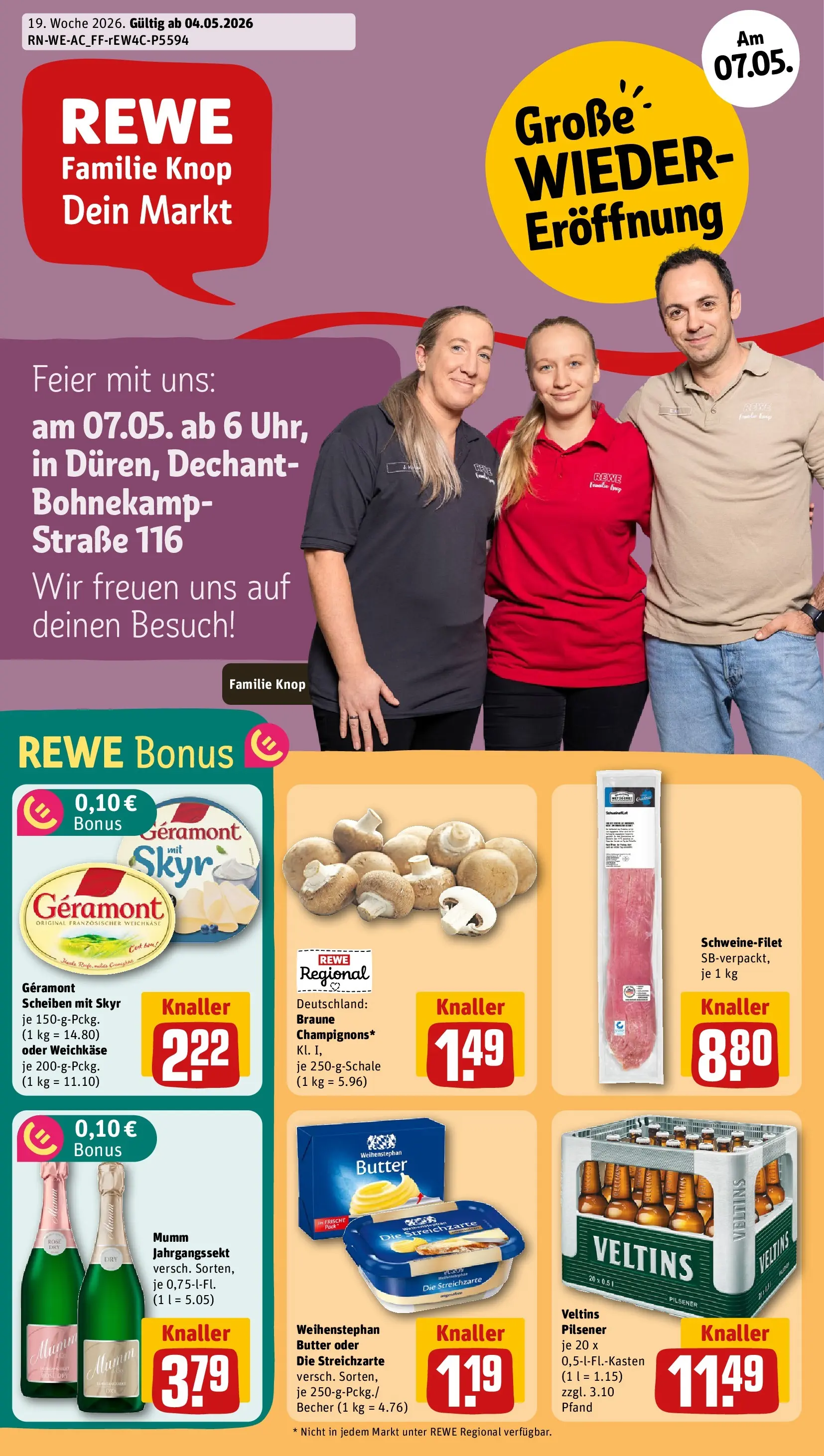 REWE Prospekt ab 04.05.2026 zum Blättern » Angebote | Seite: 1 | Produkte: Geramont, Butter, Schweinefilet, Veltins