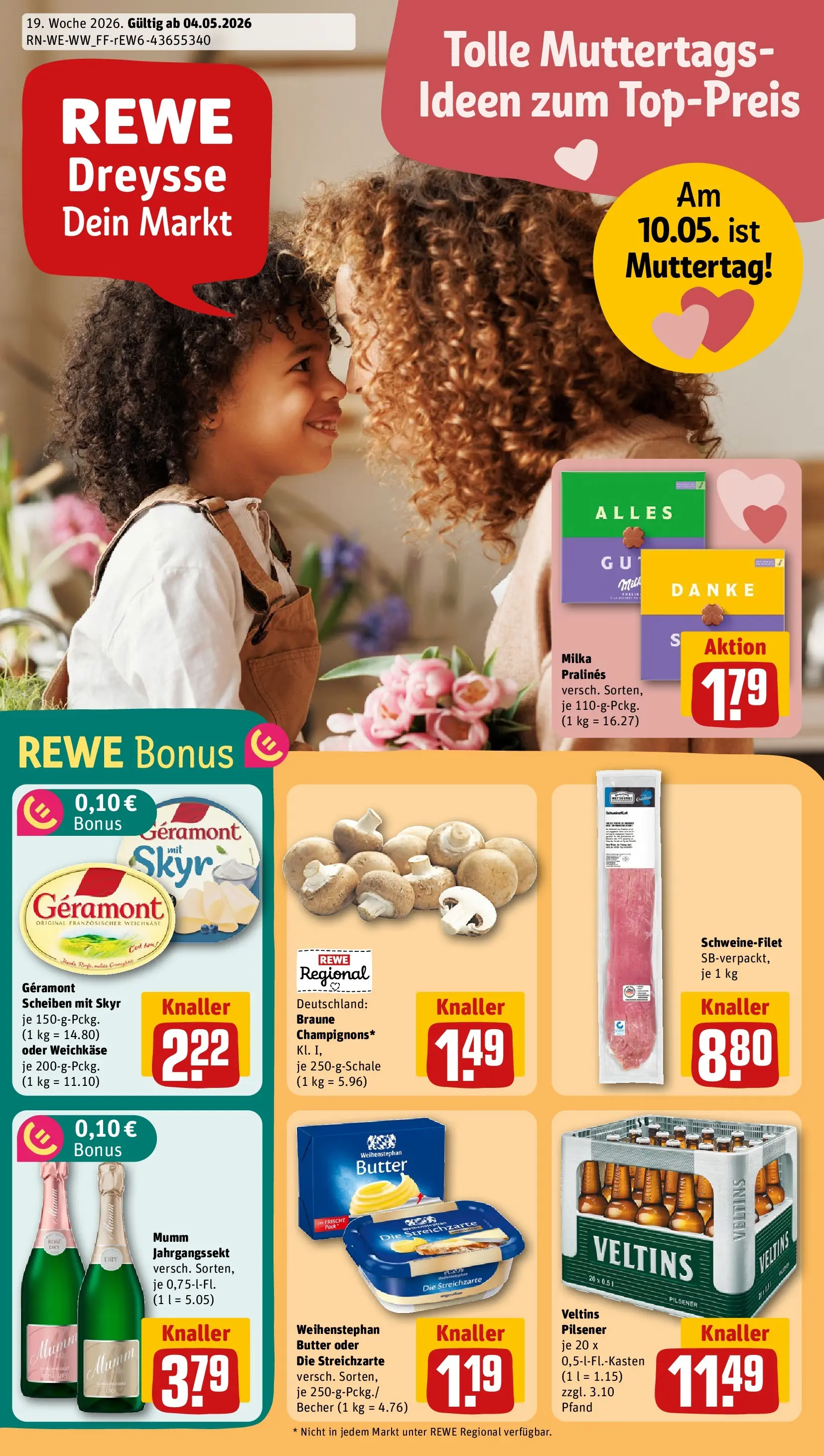 REWE Prospekt ab 04.05.2026 zum Blättern » Angebote | Seite: 1 | Produkte: Butter, Skyr, Schweinefilet, Veltins