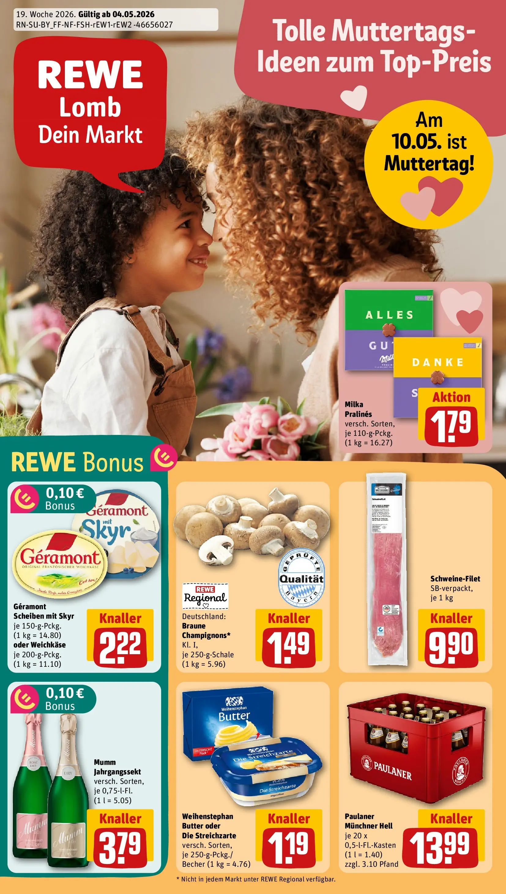 REWE Prospekt ab 04.05.2026 zum Blättern » Angebote | Seite: 1 | Produkte: Butter, Milka, Schweinefilet, Paulaner