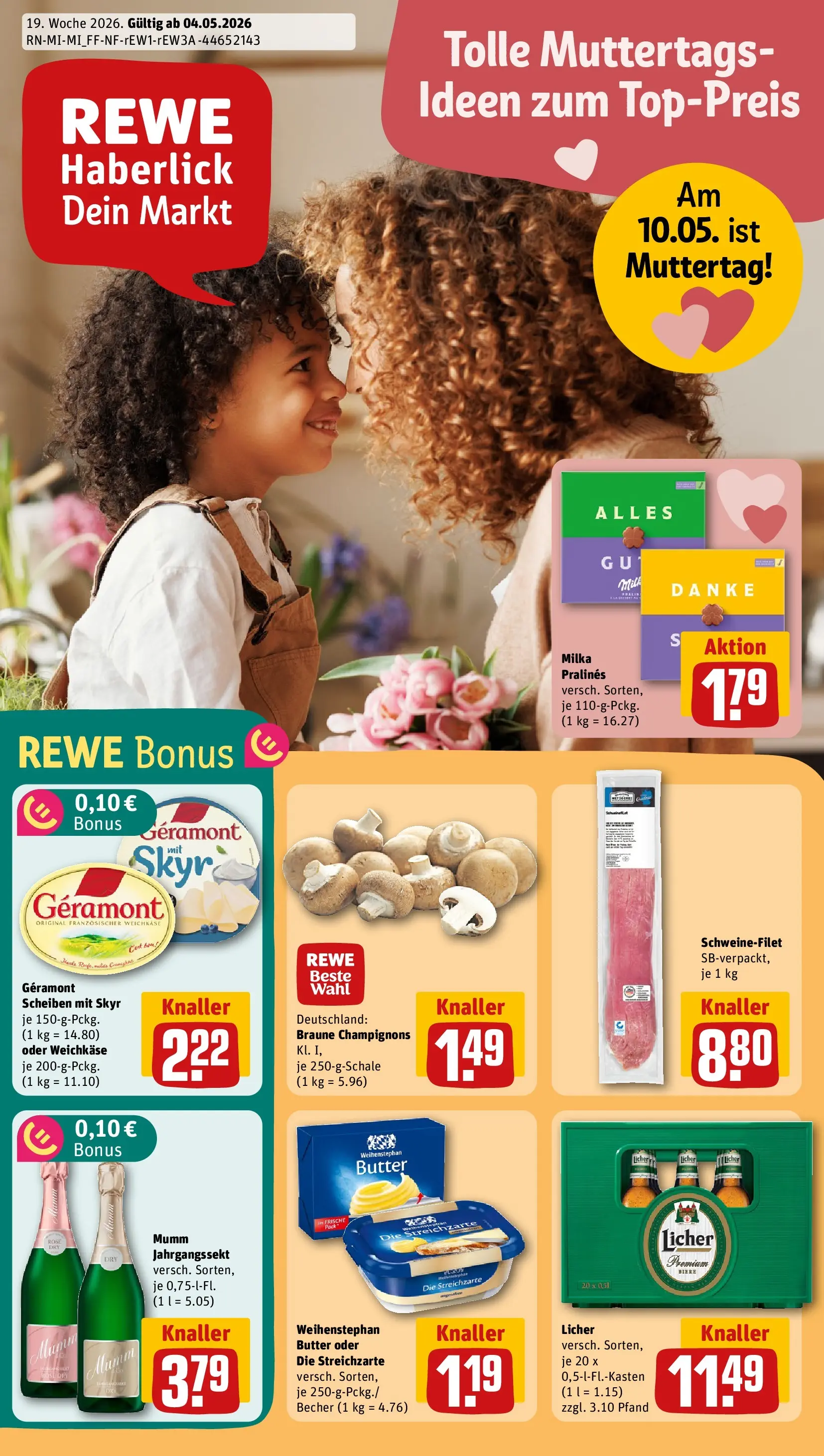 REWE Prospekt ab 04.05.2026 zum Blättern » Angebote | Seite: 1 | Produkte: Geramont, Butter, Weihenstephan butter, Champignons