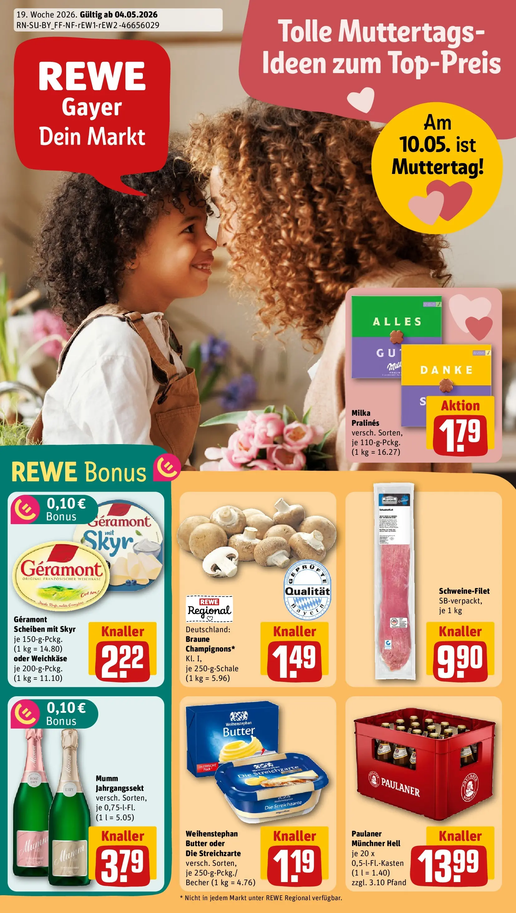 REWE Prospekt ab 04.05.2026 zum Blättern » Angebote | Seite: 1 | Produkte: Geramont, Weihenstephan butter, Champignons, Paulaner