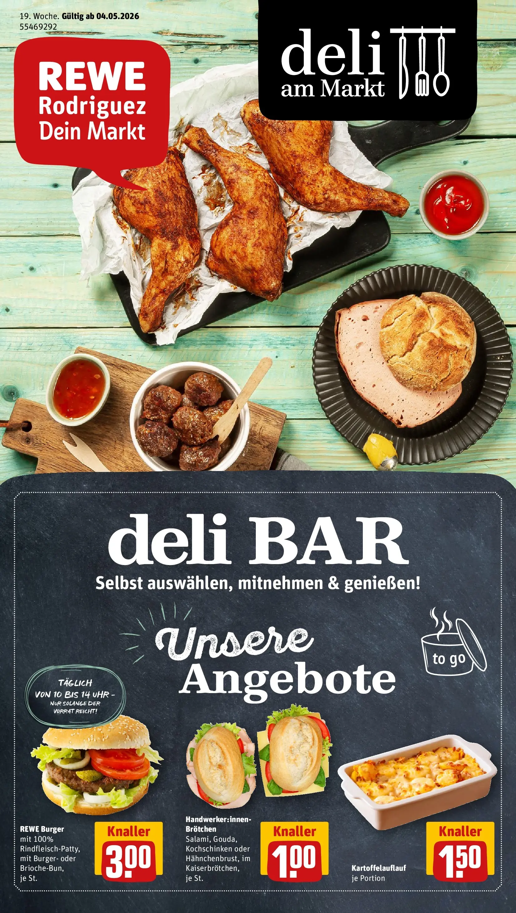 REWE Prospekt ab 04.05.2026 zum Blättern » Angebote | Seite: 1 | Produkte: Burger, Uhr