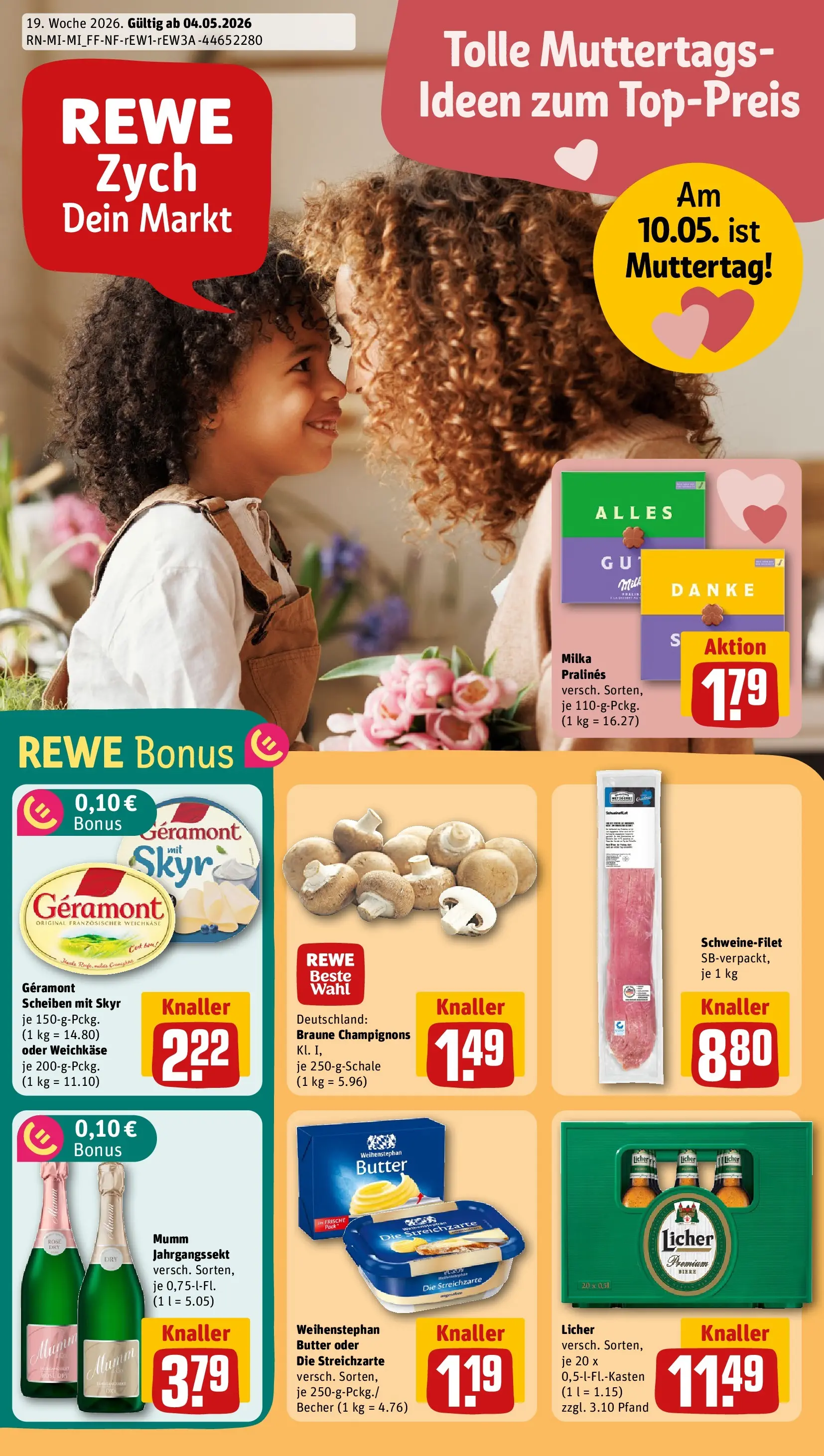 REWE Prospekt ab 04.05.2026 zum Blättern » Angebote | Seite: 1 | Produkte: Geramont, Butter, Skyr, Champignons