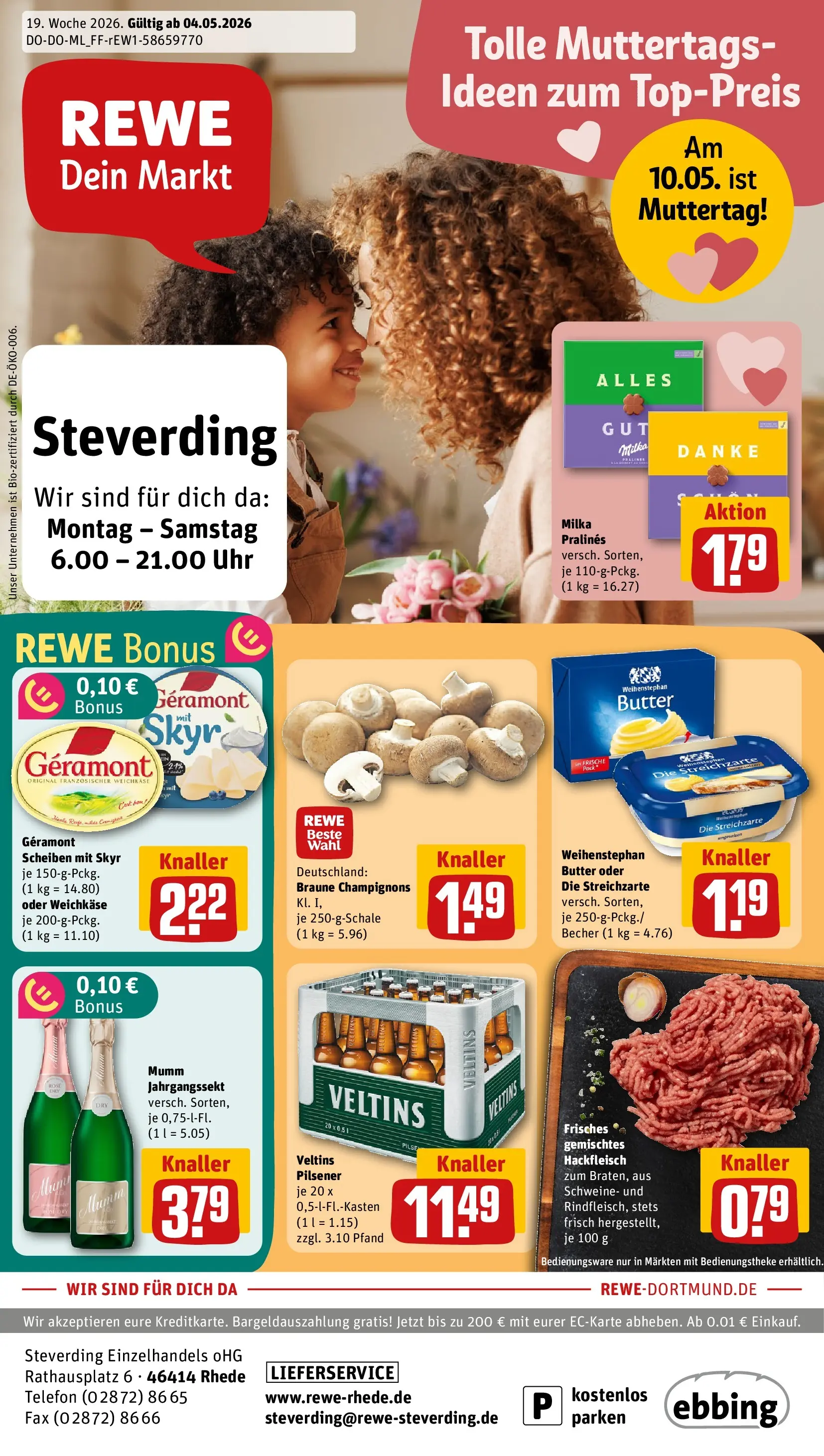 REWE Prospekt ab 04.05.2026 zum Blättern » Angebote | Seite: 1 | Produkte: Weihenstephan butter, Telefon, Uhr, Hackfleisch