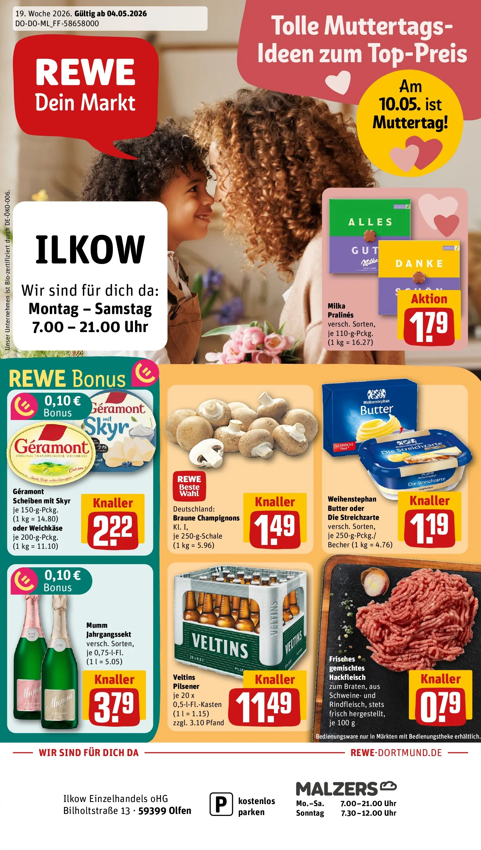REWE Prospekt ab 04.05.2026 zum Blättern » Angebote | Seite: 1 | Produkte: Butter, Weihenstephan butter, Champignons, Hackfleisch