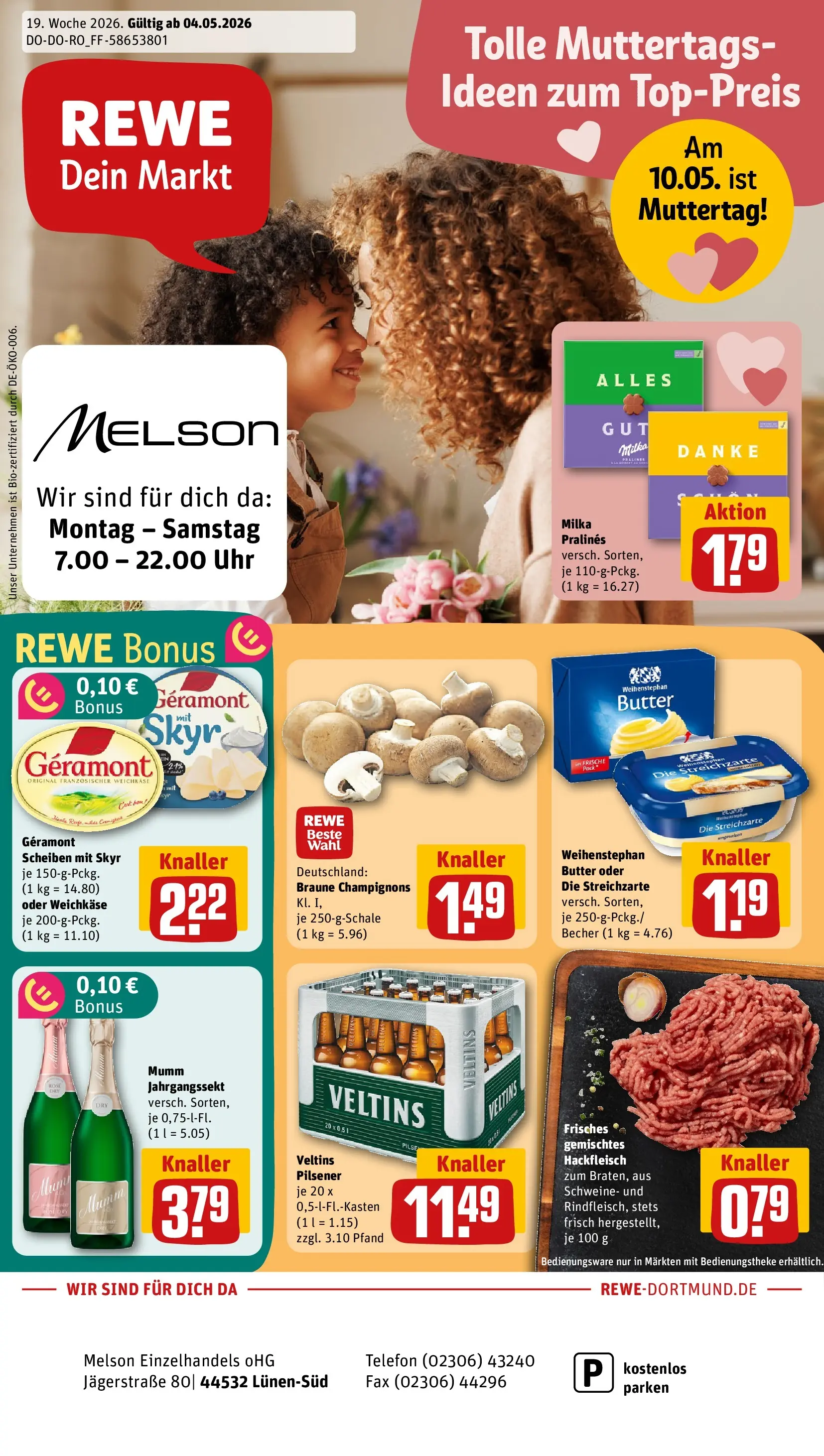 REWE Prospekt ab 04.05.2026 zum Blättern » Angebote | Seite: 1 | Produkte: Skyr, Champignons, Telefon, Uhr