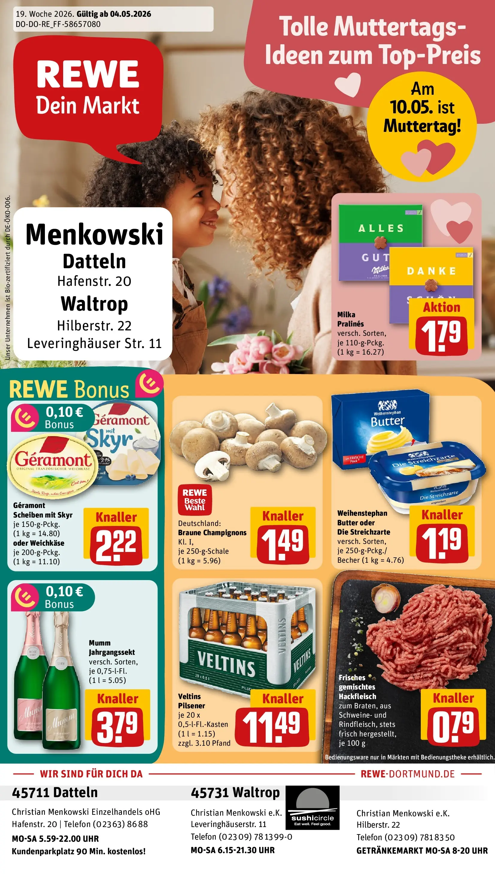 REWE Prospekt ab 03.05.2026 zum Blättern » Angebote | Seite: 1 | Produkte: Geramont, Champignons, Veltins, Hackfleisch
