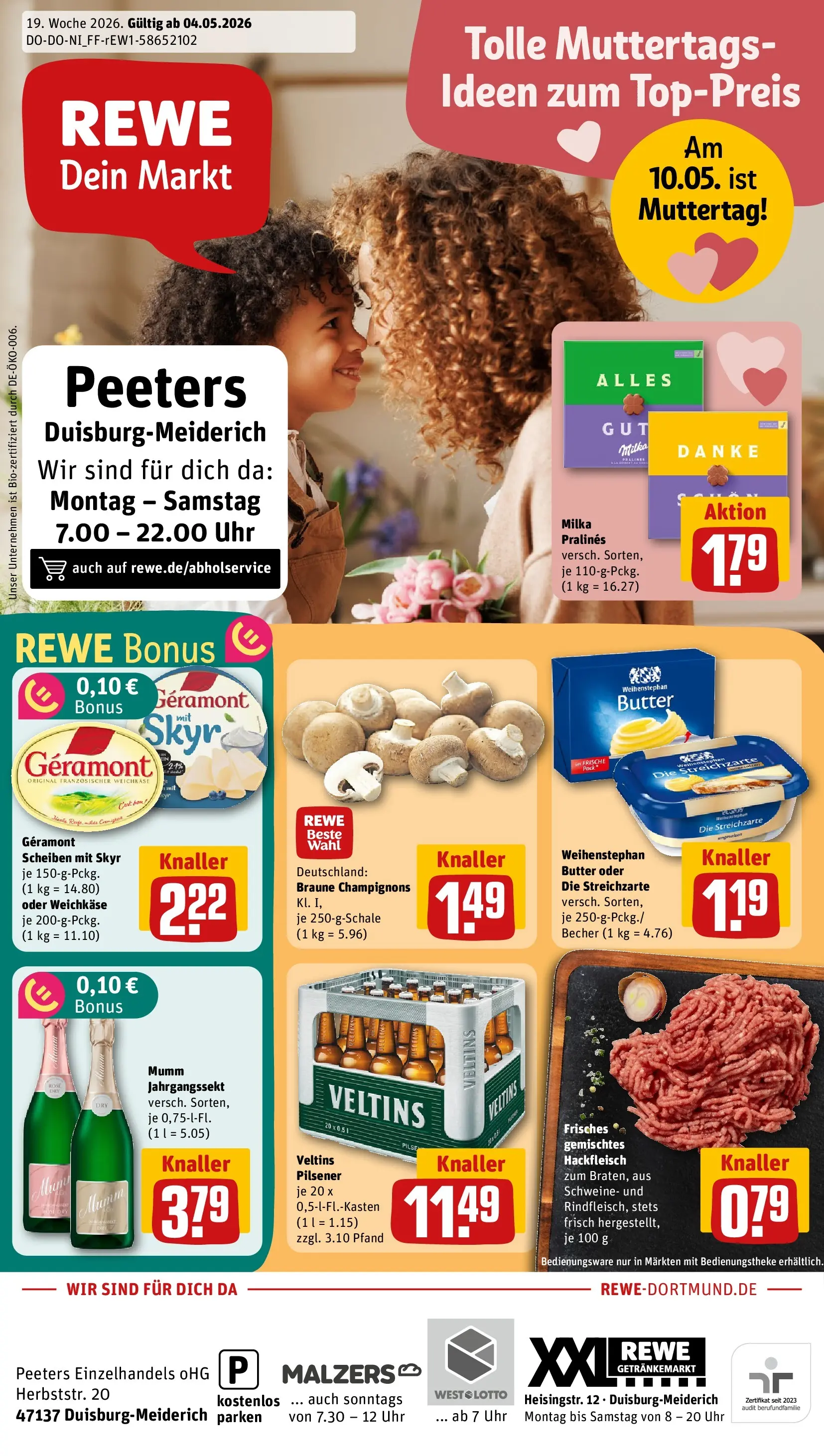REWE Prospekt ab 04.05.2026 zum Blättern » Angebote | Seite: 1 | Produkte: Butter, Champignons, Veltins, Hackfleisch