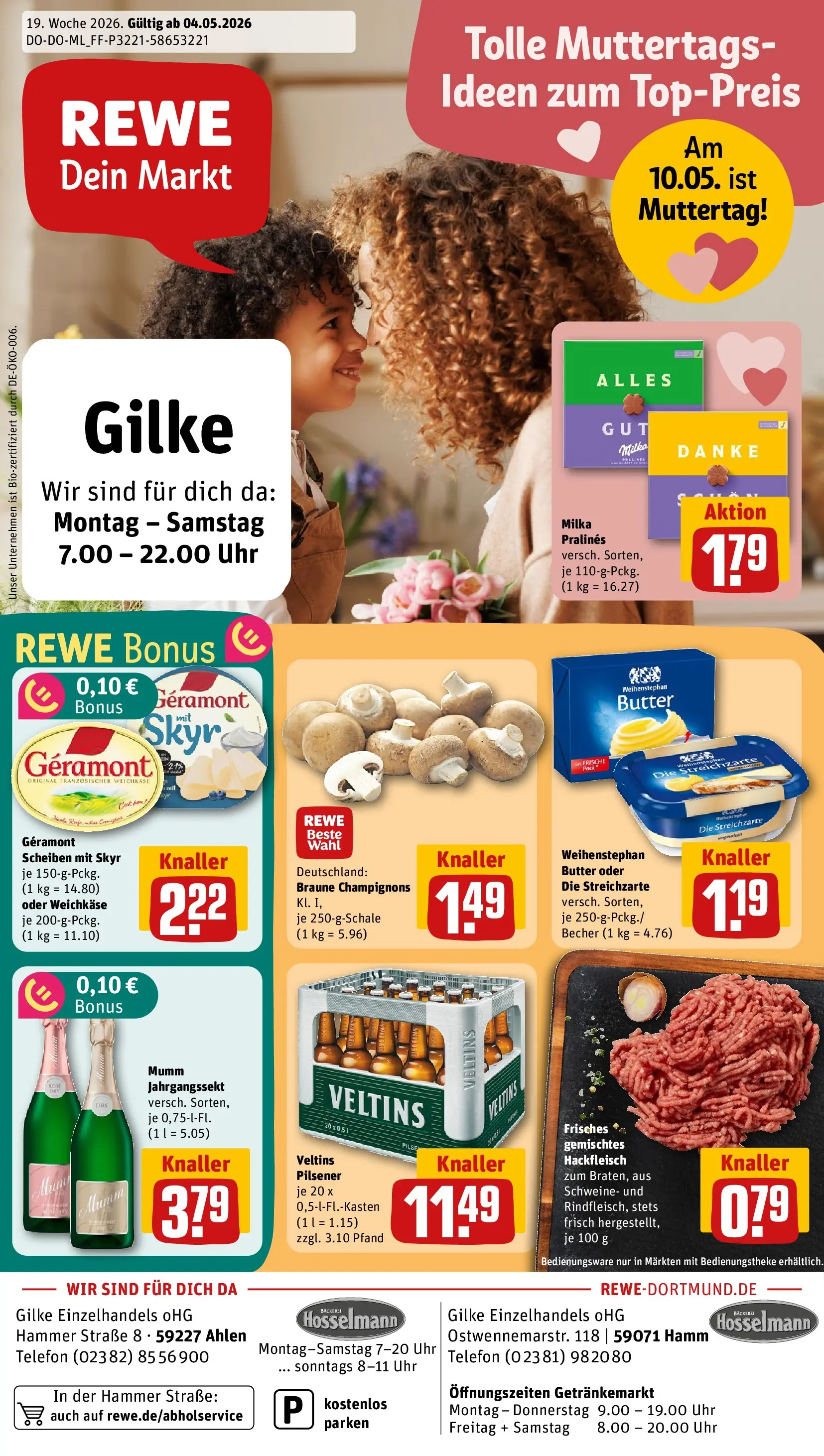 REWE Prospekt ab 04.05.2026 zum Blättern » Angebote | Seite: 1 | Produkte: Geramont, Butter, Champignons, Telefon