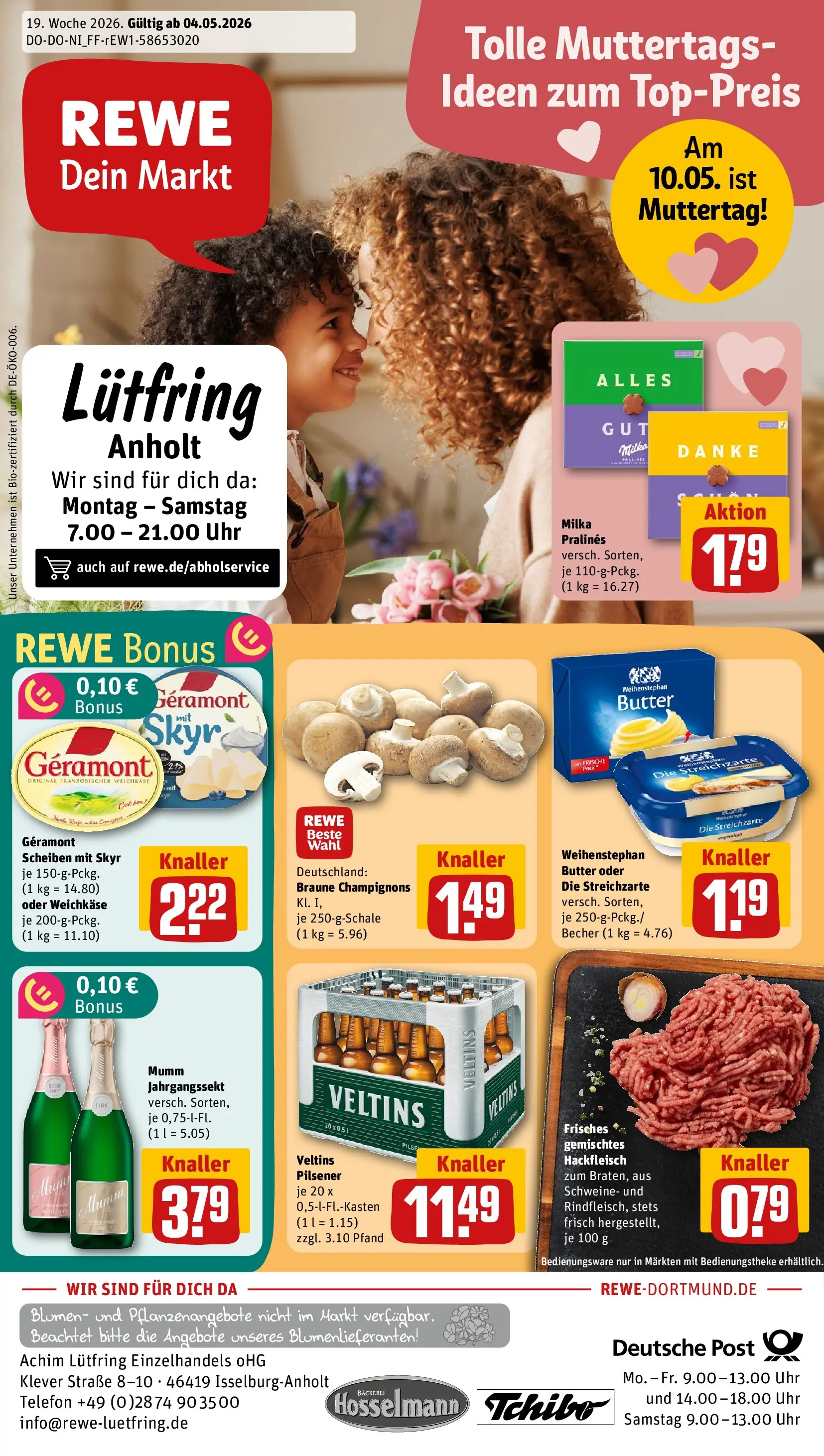 REWE Prospekt ab 04.05.2026 zum Blättern » Angebote | Seite: 1 | Produkte: Blumen, Champignons, Veltins, Hackfleisch