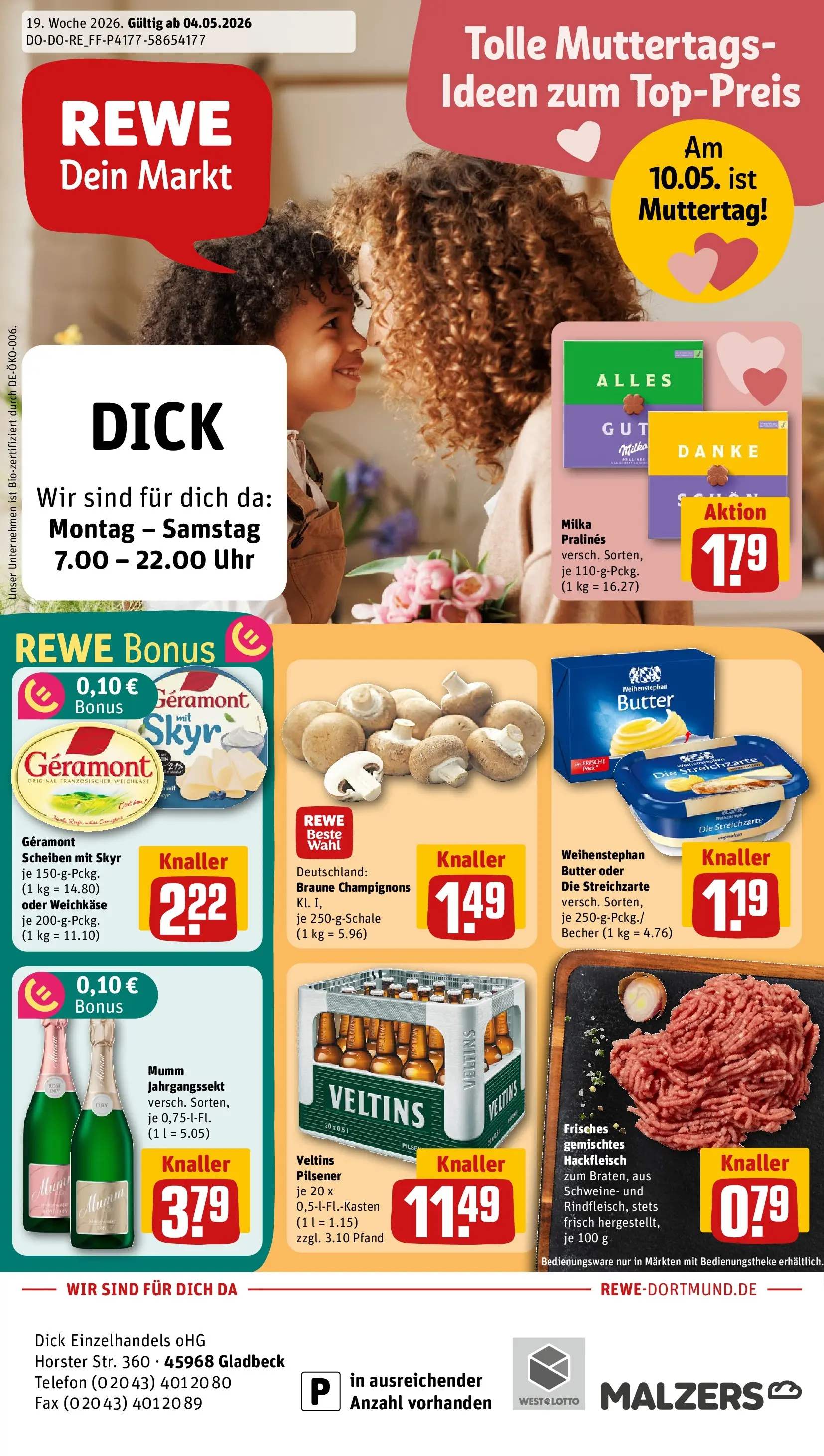 REWE Prospekt ab 04.05.2026 zum Blättern » Angebote | Seite: 1 | Produkte: Geramont, Skyr, Champignons, Uhr
