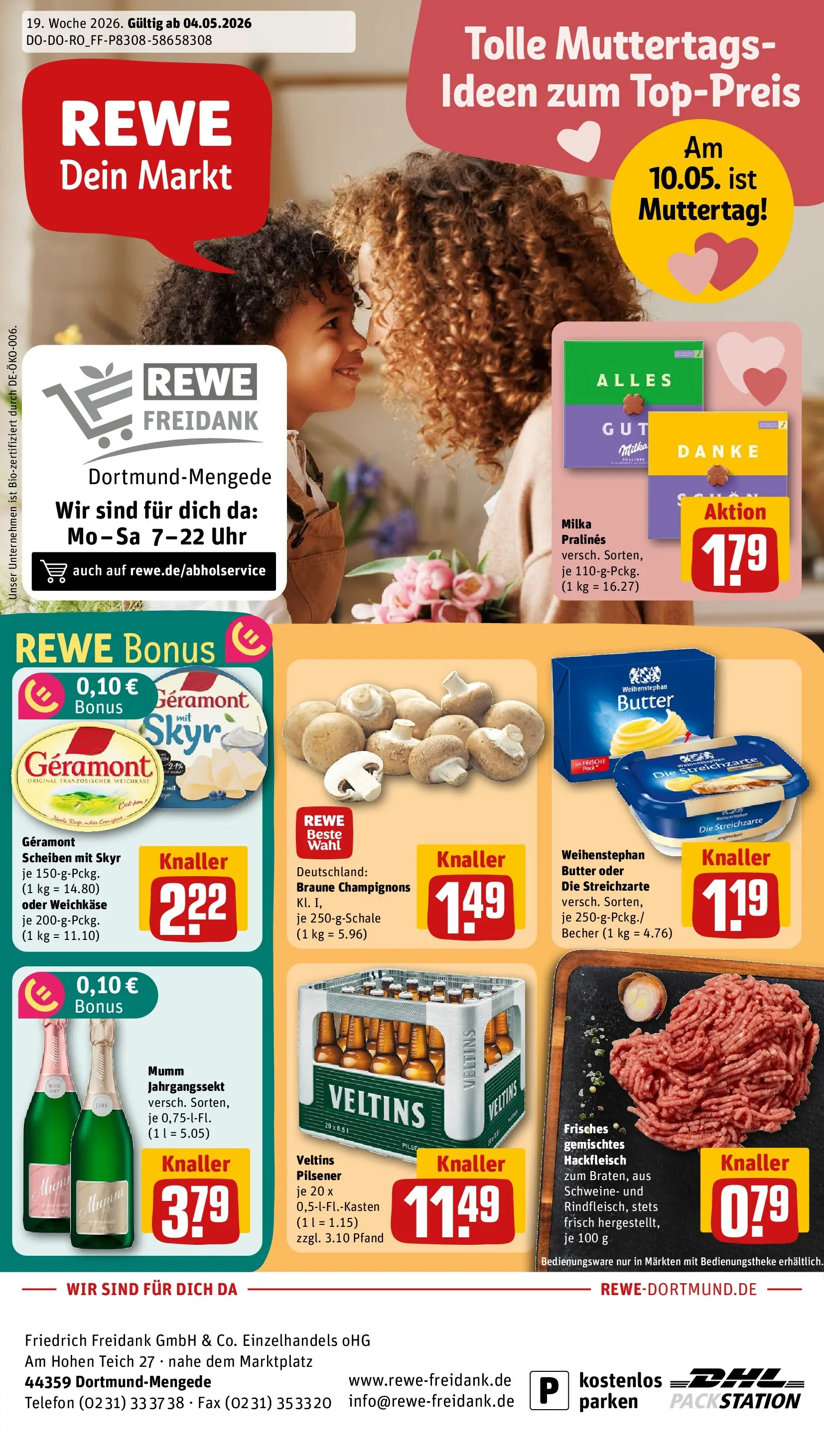 REWE Prospekt ab 04.05.2026 zum Blättern » Angebote | Seite: 1 | Produkte: Geramont, Weihenstephan butter, Uhr, Hackfleisch