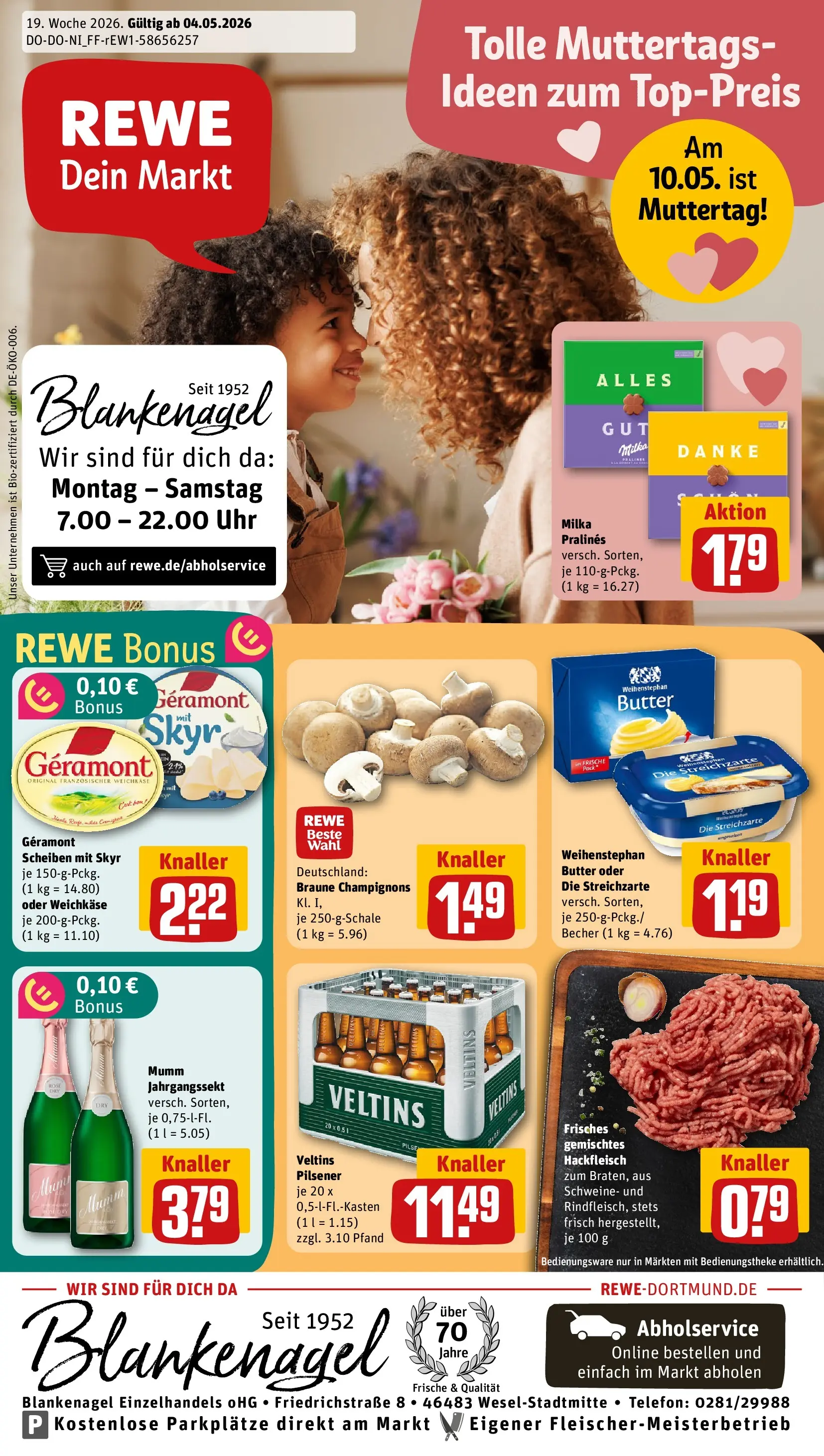 REWE Prospekt ab 04.05.2026 zum Blättern » Angebote | Seite: 1 | Produkte: Milka, Weihenstephan butter, Champignons, Veltins