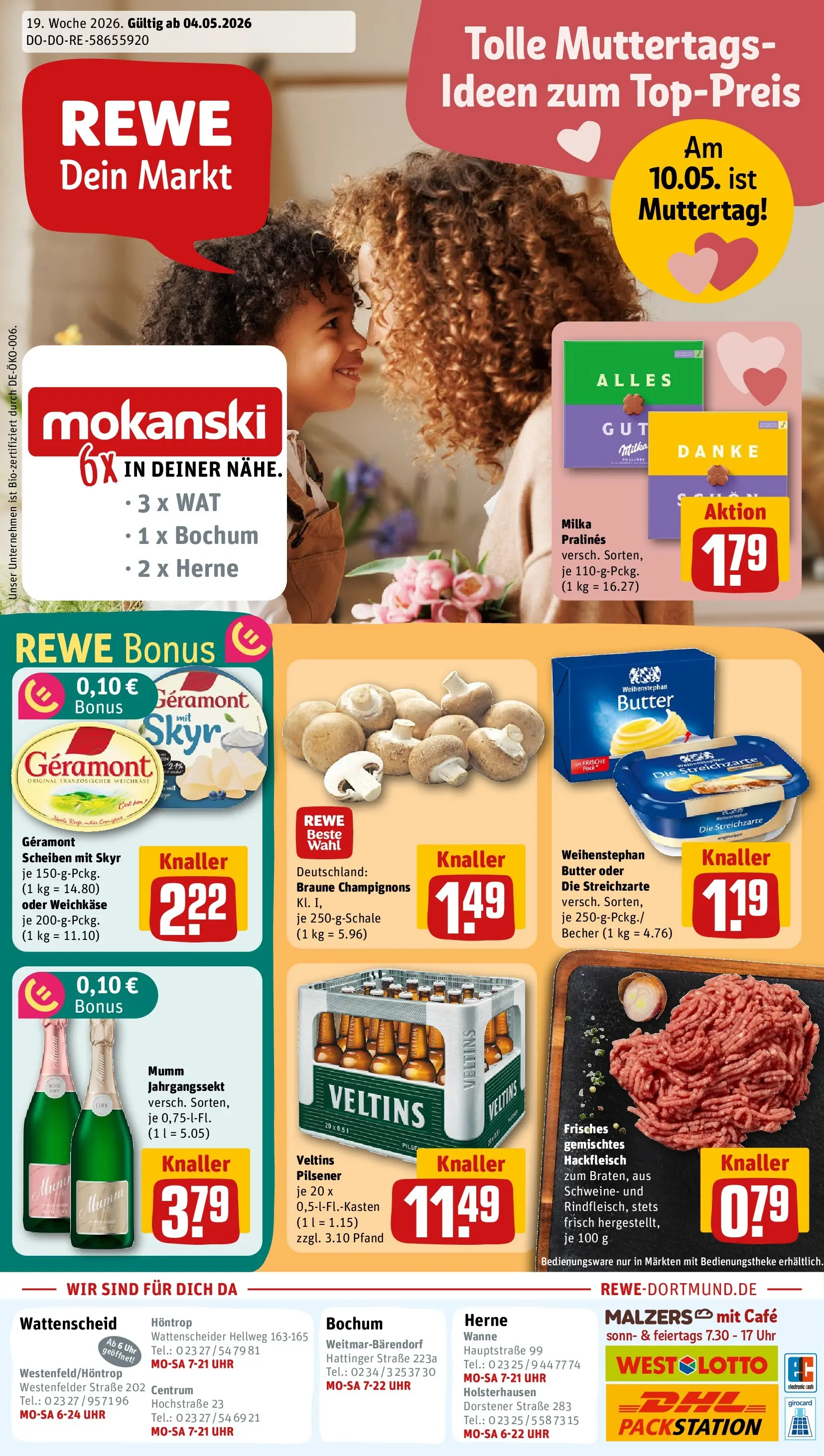 REWE Prospekt ab 04.05.2026 zum Blättern » Angebote | Seite: 1 | Produkte: Milka, Weihenstephan butter, Champignons, Uhr
