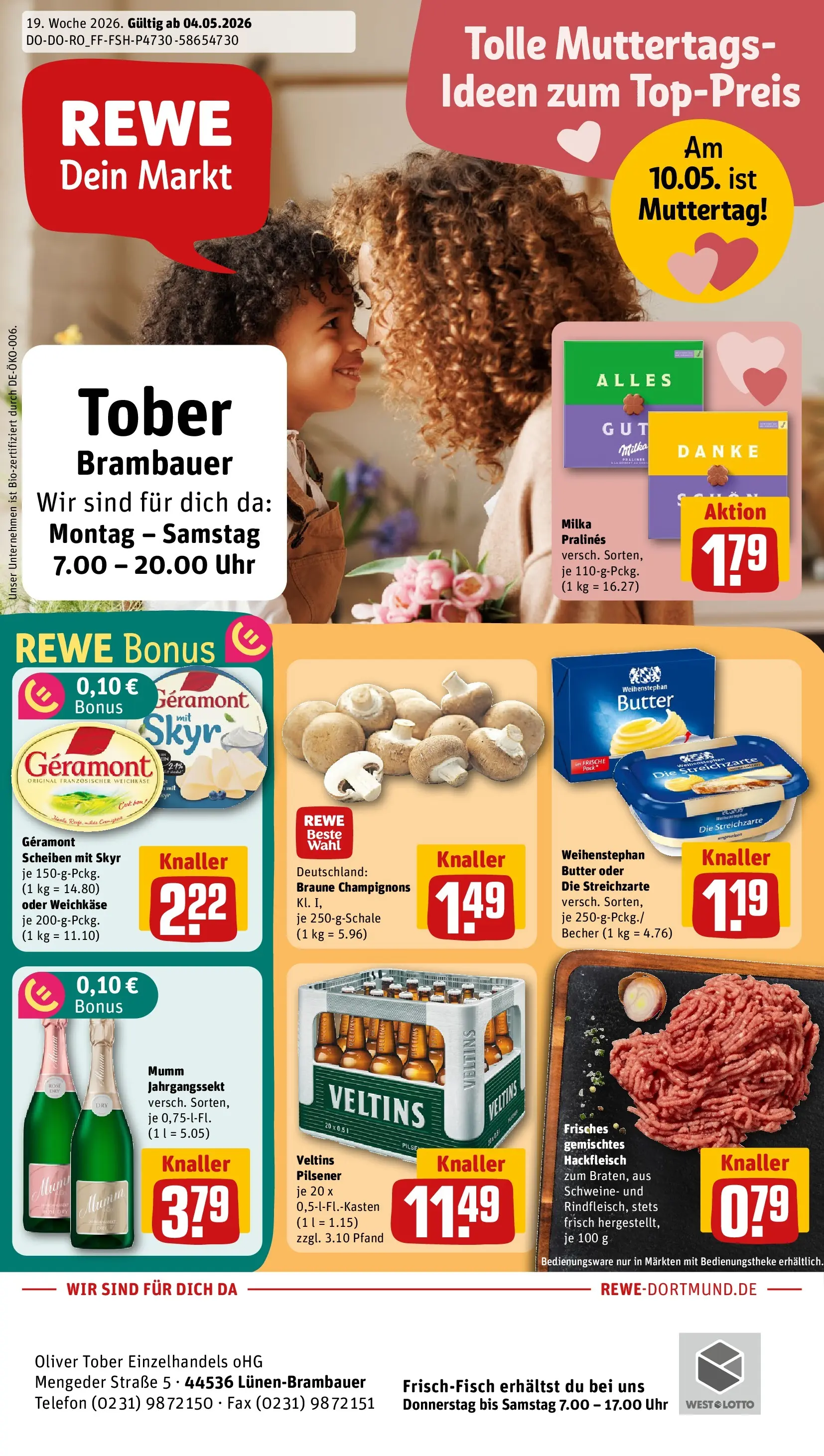REWE Prospekt ab 04.05.2026 zum Blättern » Angebote | Seite: 1 | Produkte: Geramont, Weihenstephan butter, Veltins, Hackfleisch