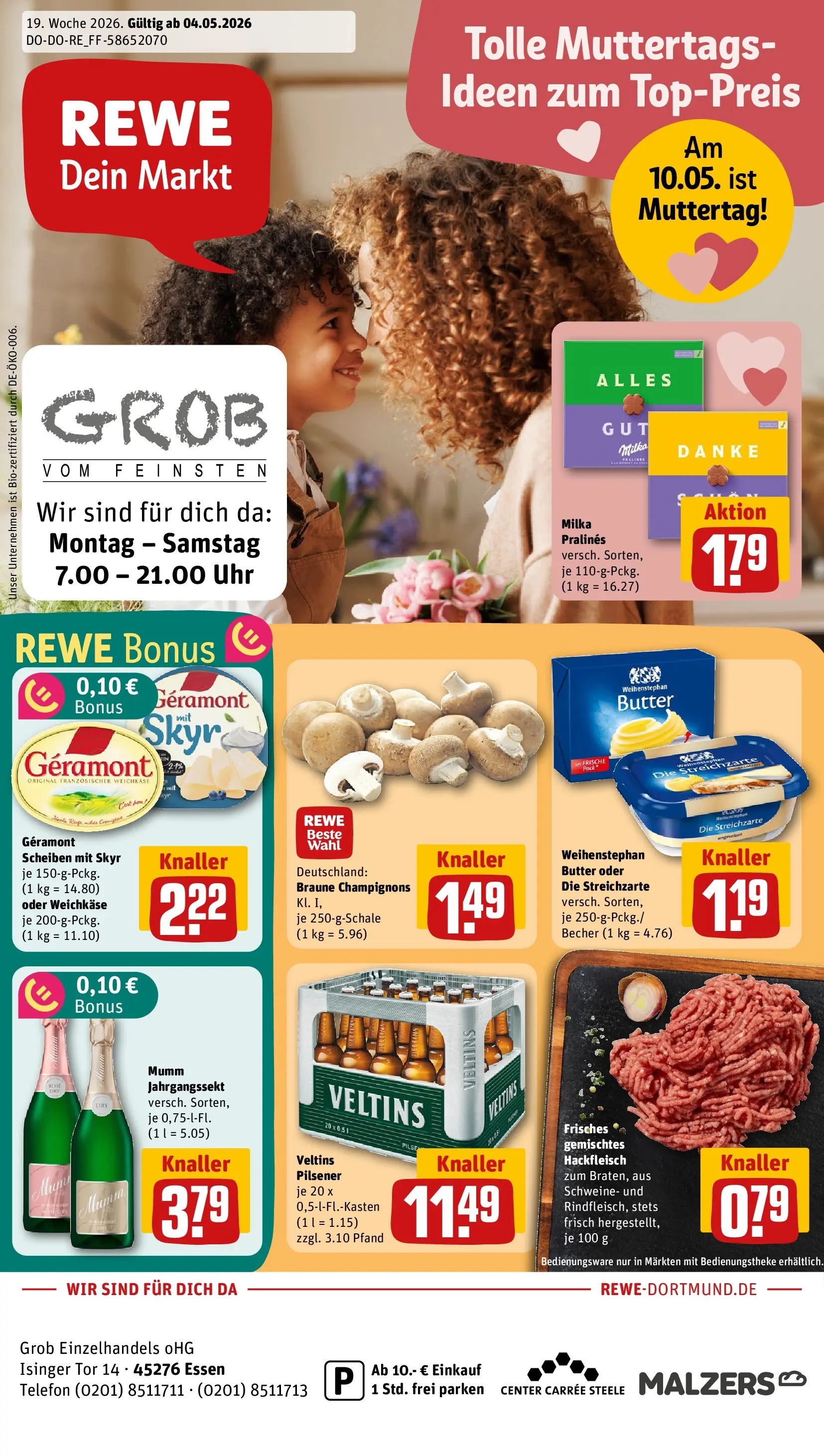 REWE Prospekt ab 04.05.2026 zum Blättern » Angebote | Seite: 1 | Produkte: Butter, Skyr, Champignons, Hackfleisch