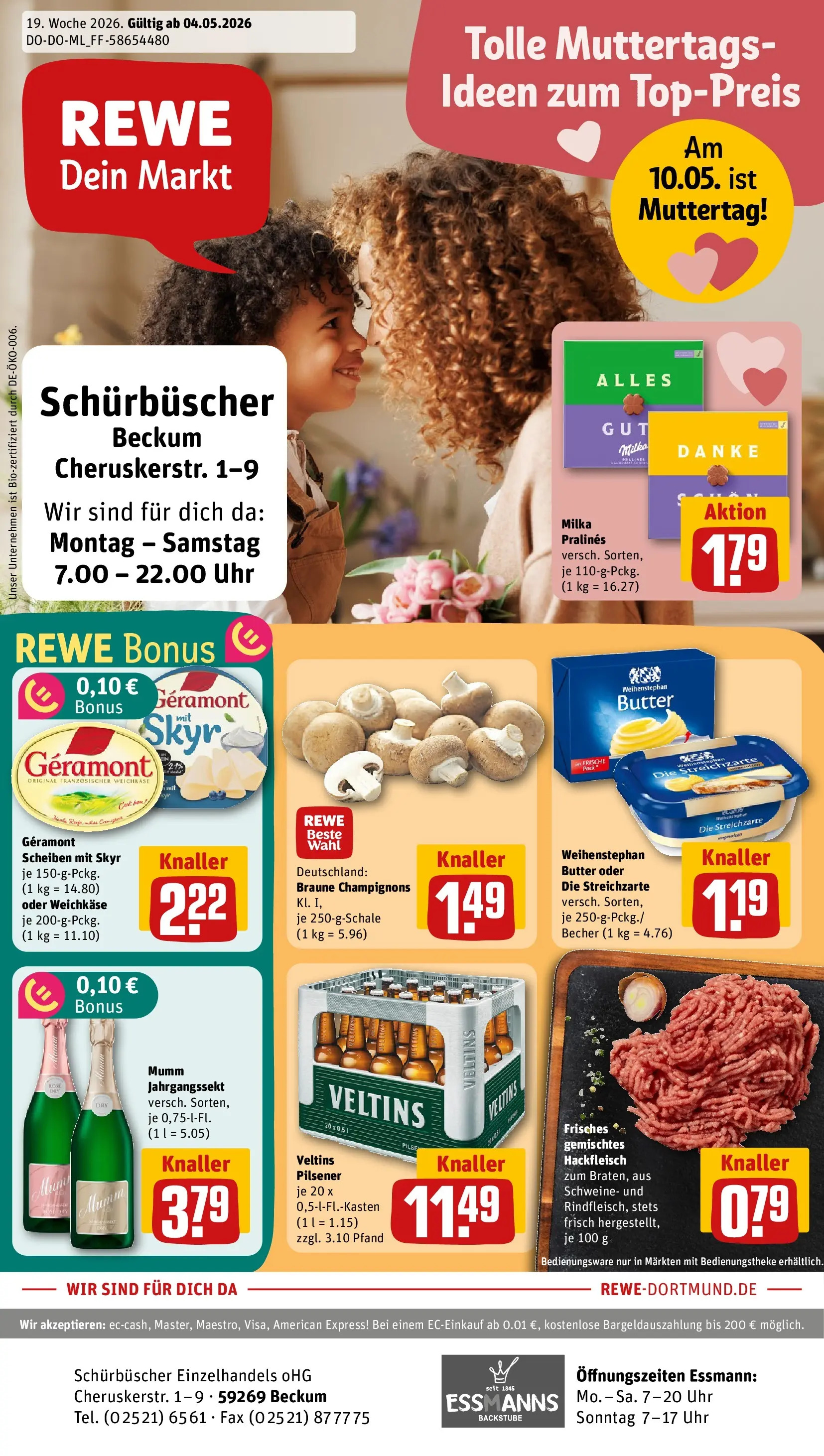 REWE Prospekt ab 04.05.2026 zum Blättern » Angebote | Seite: 1 | Produkte: Geramont, Butter, Milka, Champignons