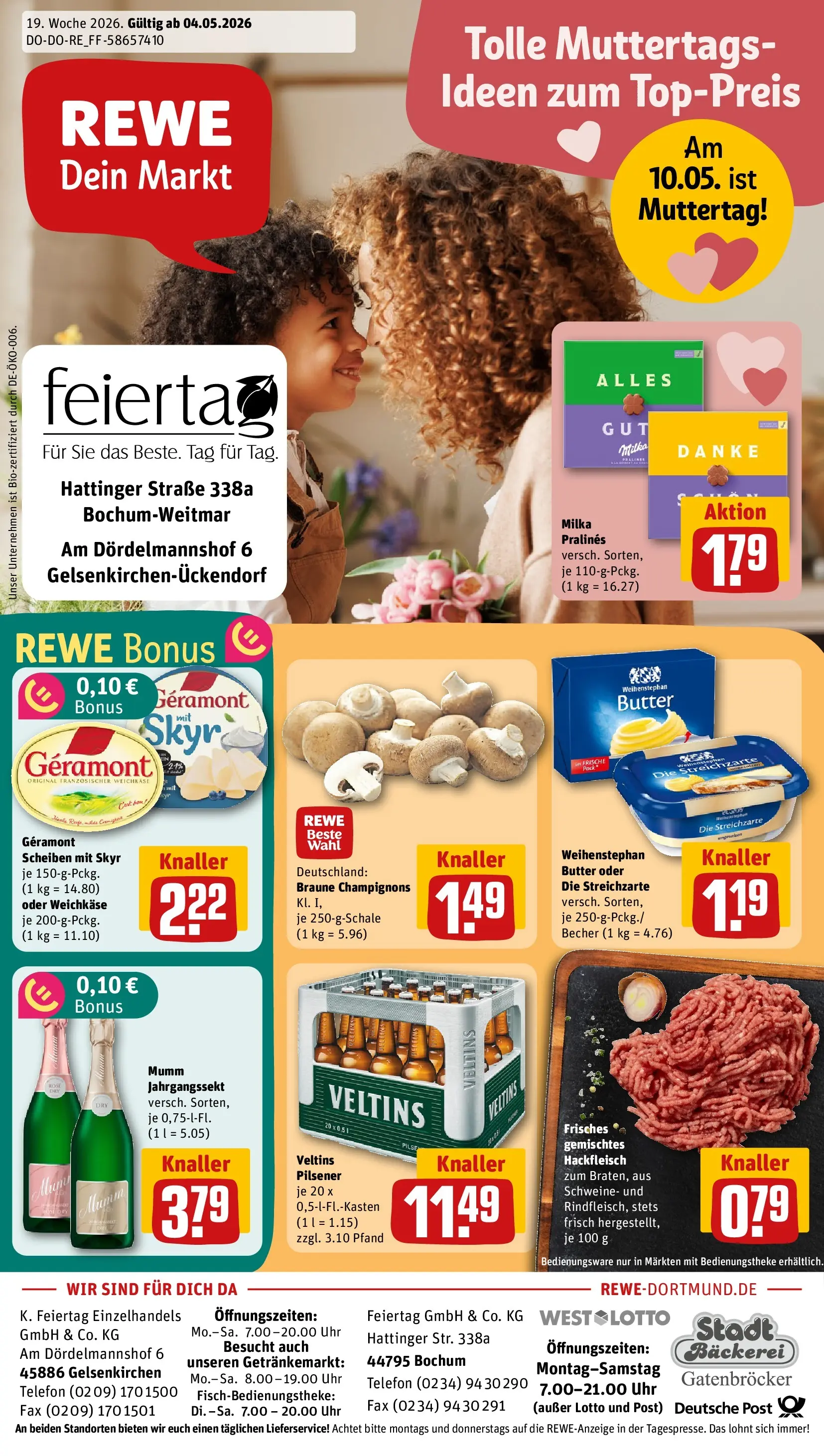 REWE Prospekt ab 04.05.2026 zum Blättern » Angebote | Seite: 1 | Produkte: Bäckerei, Milka, Weihenstephan butter, Champignons