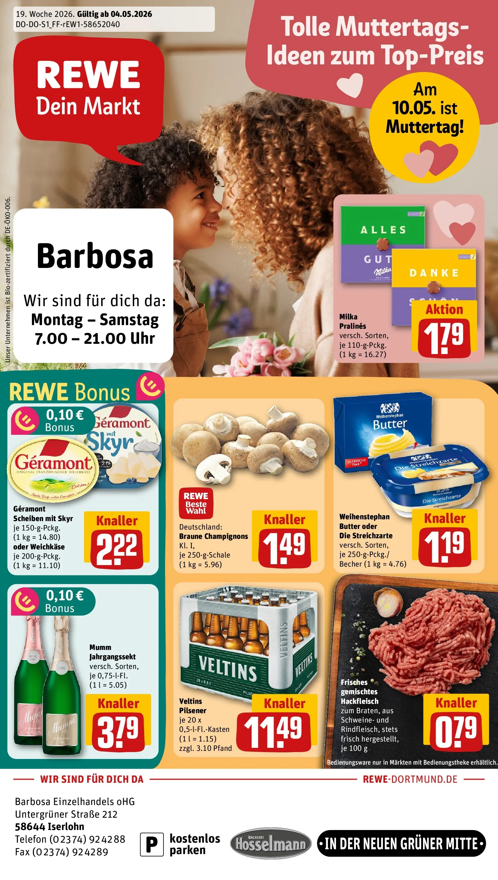 REWE Prospekt ab 04.05.2026 zum Blättern » Angebote | Seite: 1 | Produkte: Bäckerei, Butter, Champignons, Uhr