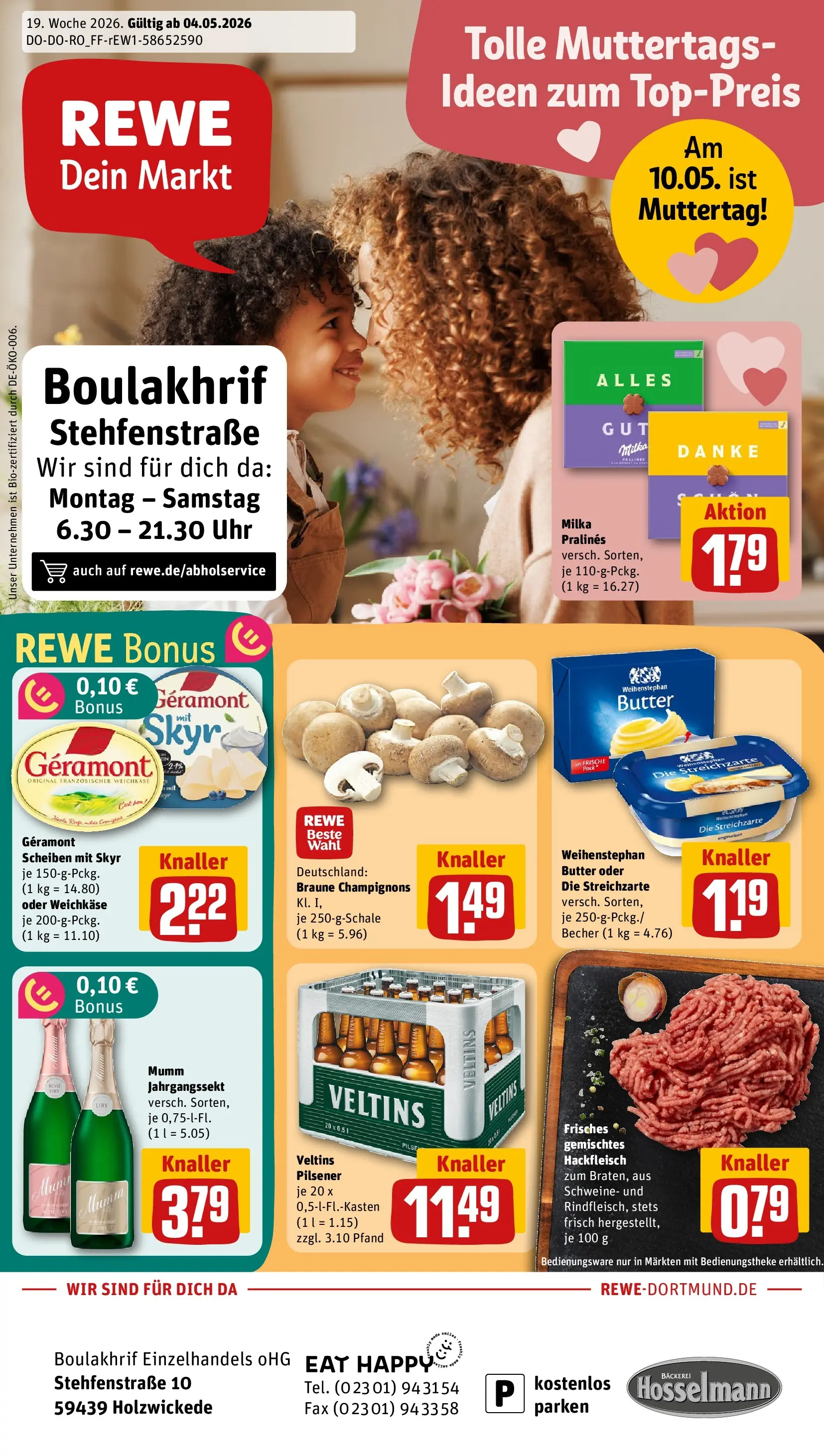 REWE Prospekt ab 04.05.2026 zum Blättern » Angebote | Seite: 1 | Produkte: Butter, Champignons, Uhr, Veltins